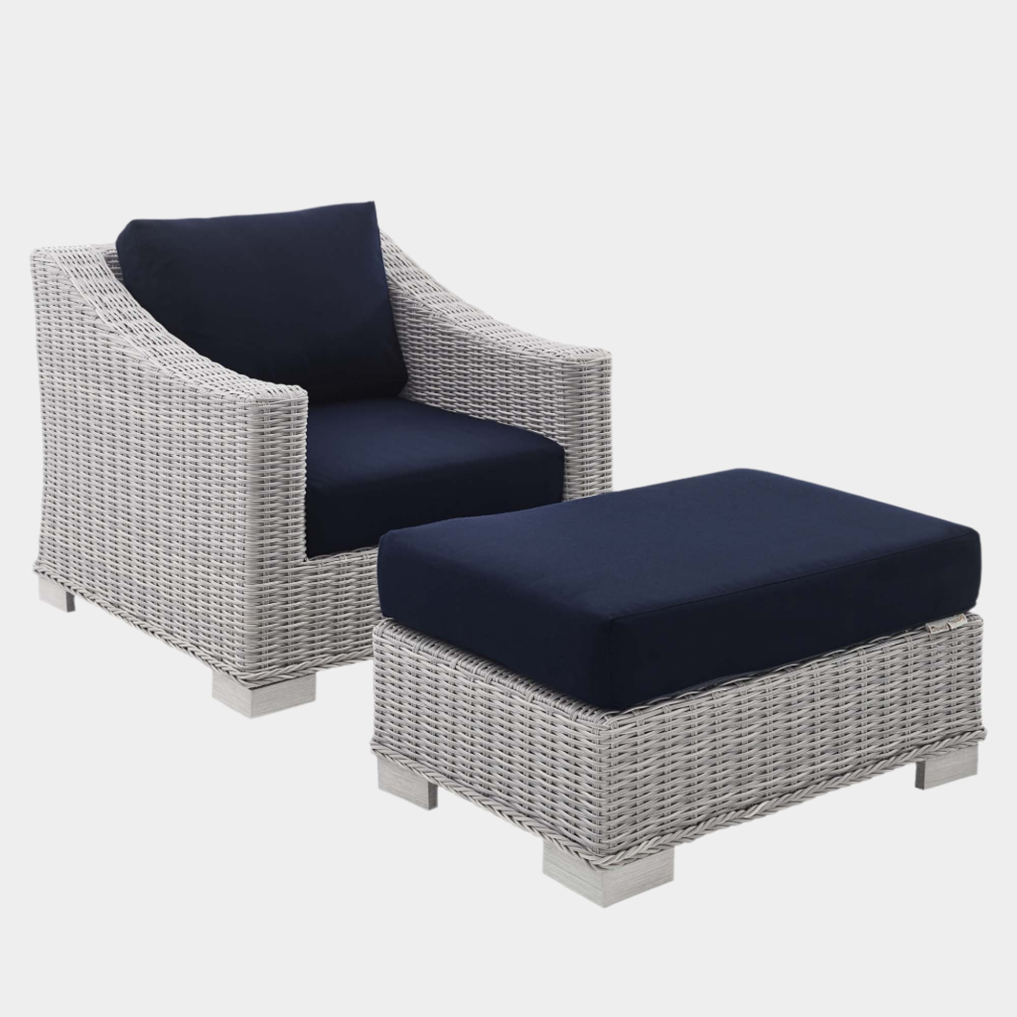 Conway 2-Piece Sunbrella® Outdoor Patio Wicker Rattan Armchair and Ottoman Set in Light Gray Navy