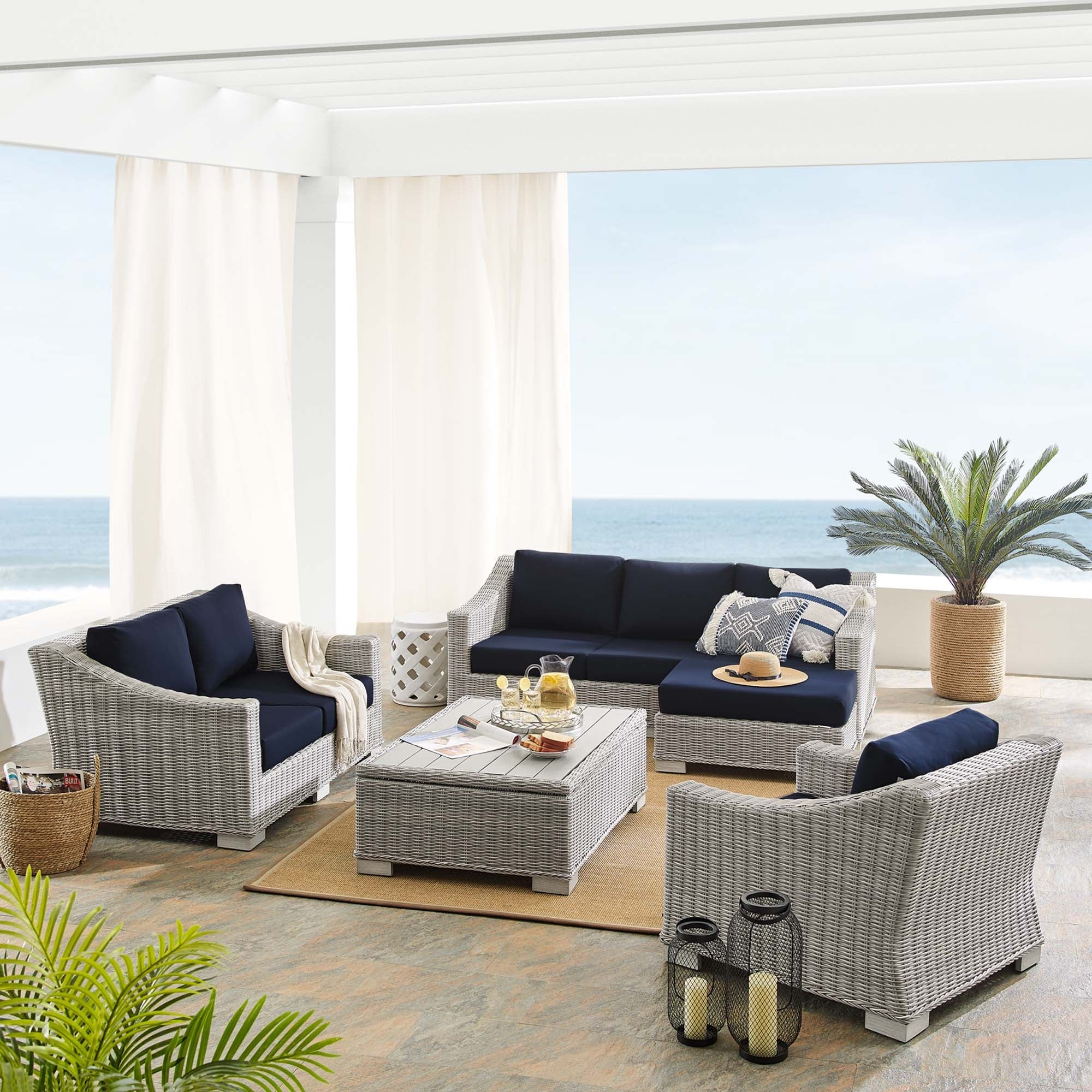 Conway 5-Piece Sunbrella® Outdoor Patio Wicker Rattan Furniture Set in Light Gray Navy