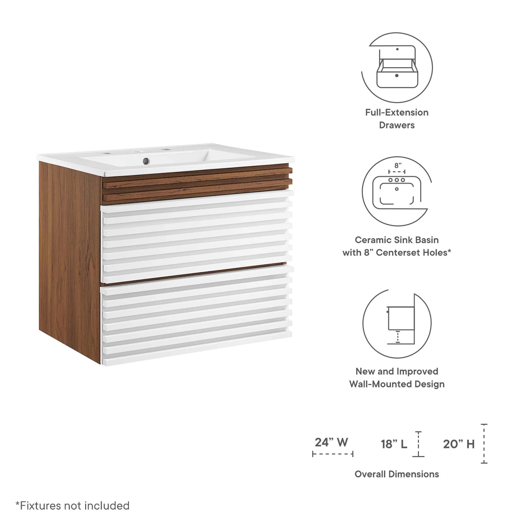 Meuble-lavabo mural de salle de bain avec vasque blanche incluse