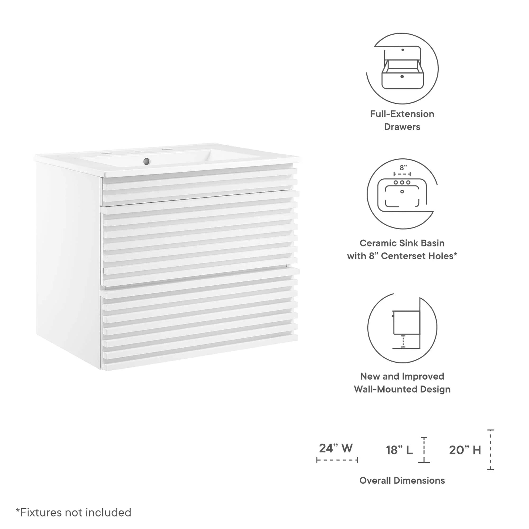 Meuble-lavabo mural de salle de bain avec vasque blanche incluse