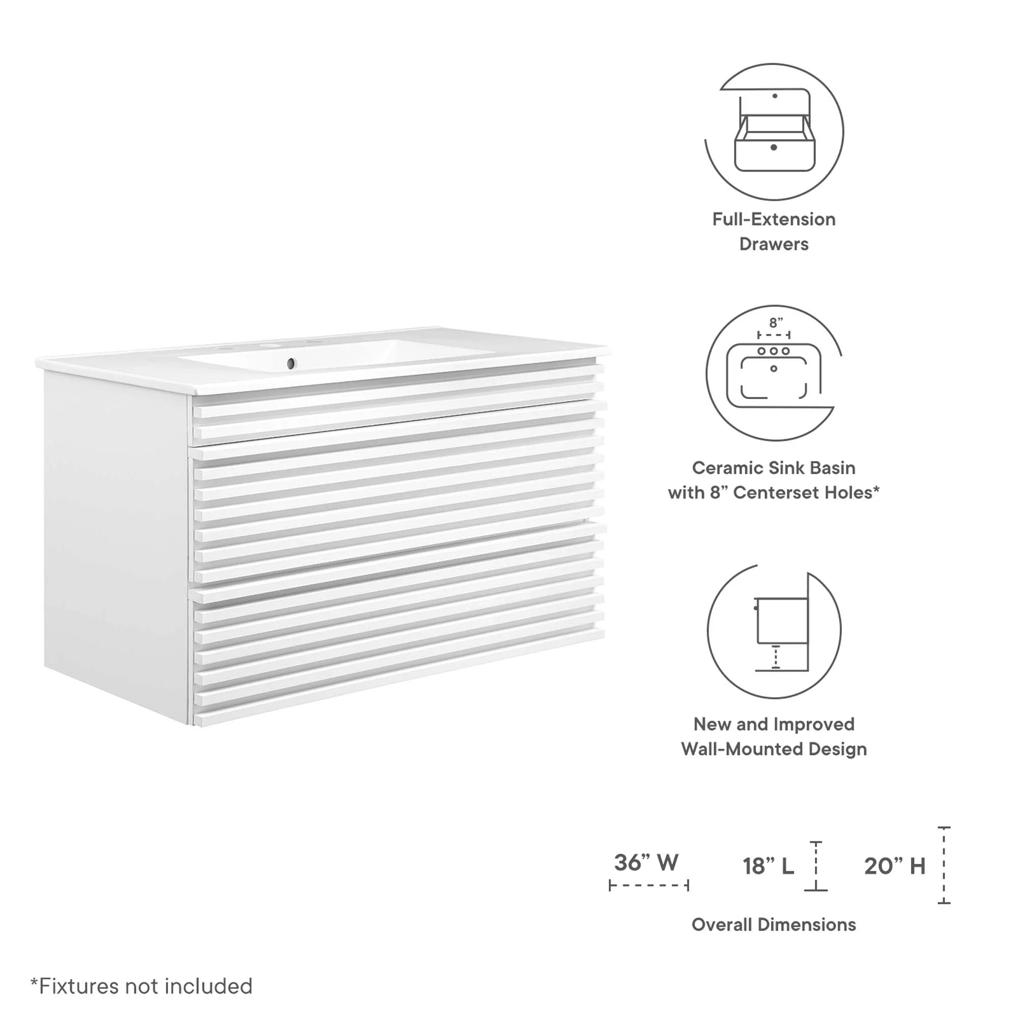 Meuble-lavabo mural de salle de bain avec vasque blanche incluse