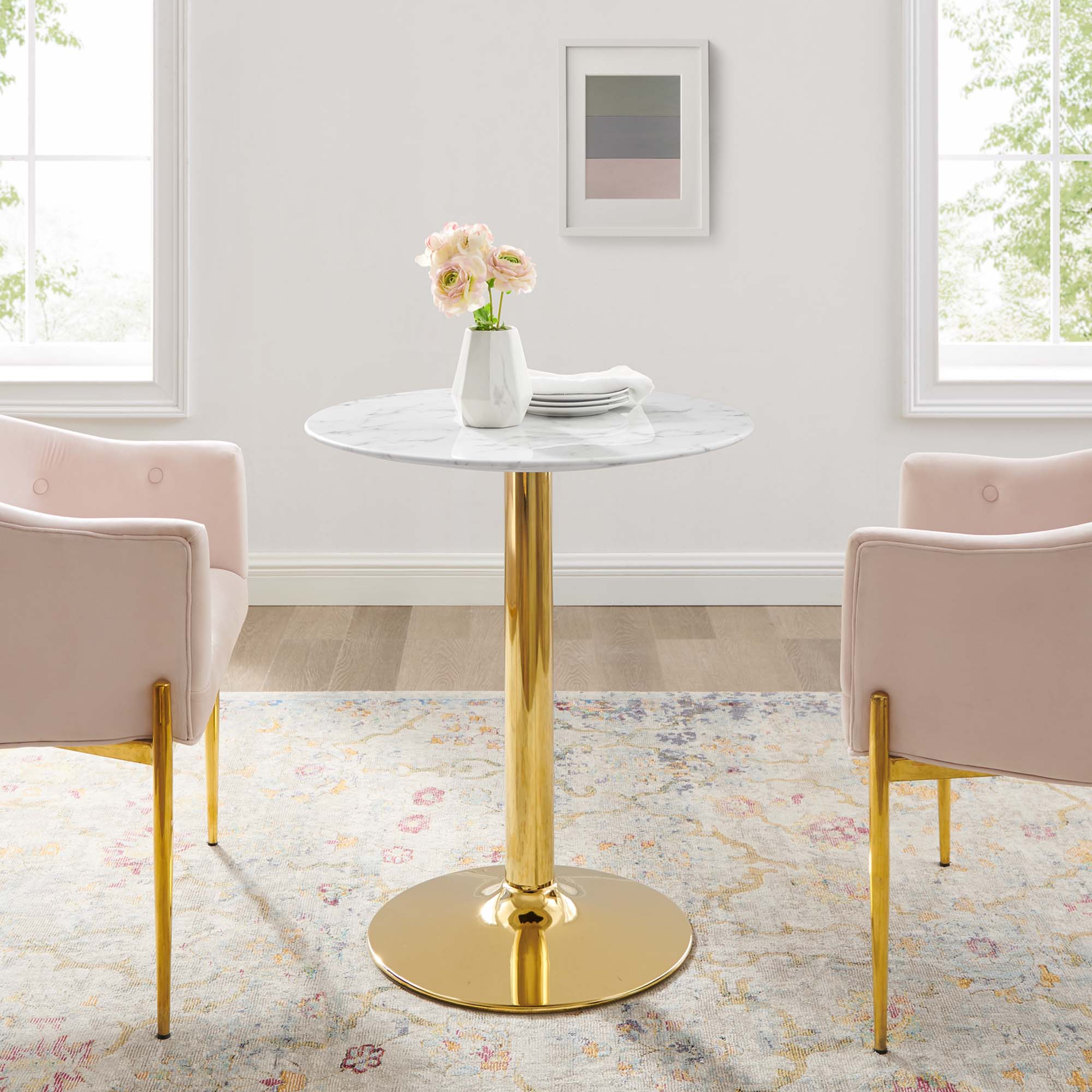 Verne 28" Artificial Marble Dining Table in Gold White