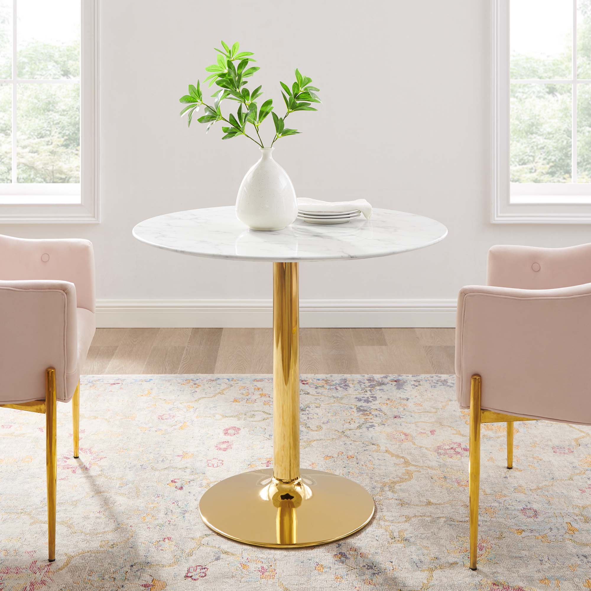 Verne 35" Artificial Marble Dining Table in Gold White