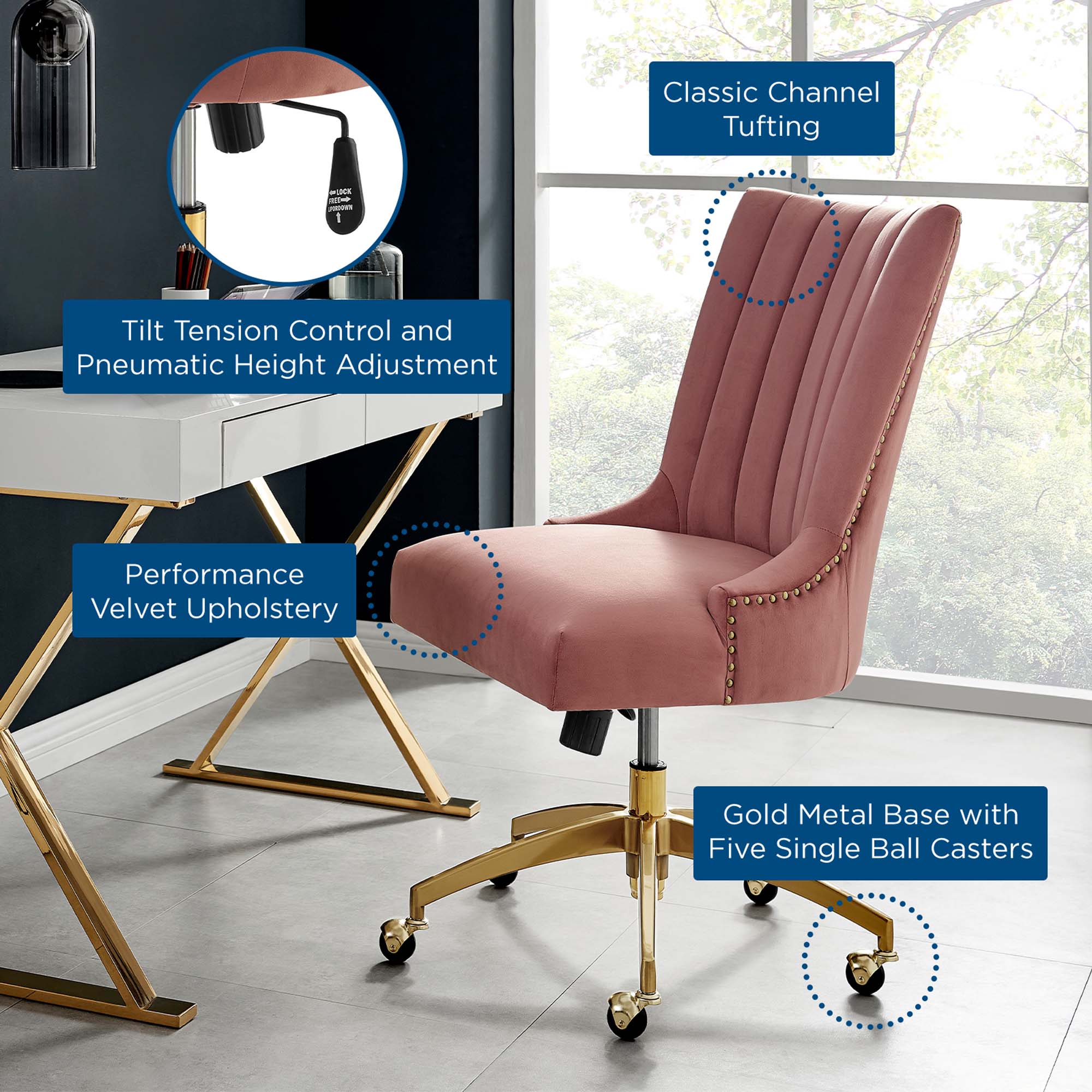 Chaise de bureau en velours capitonné Empower Channel