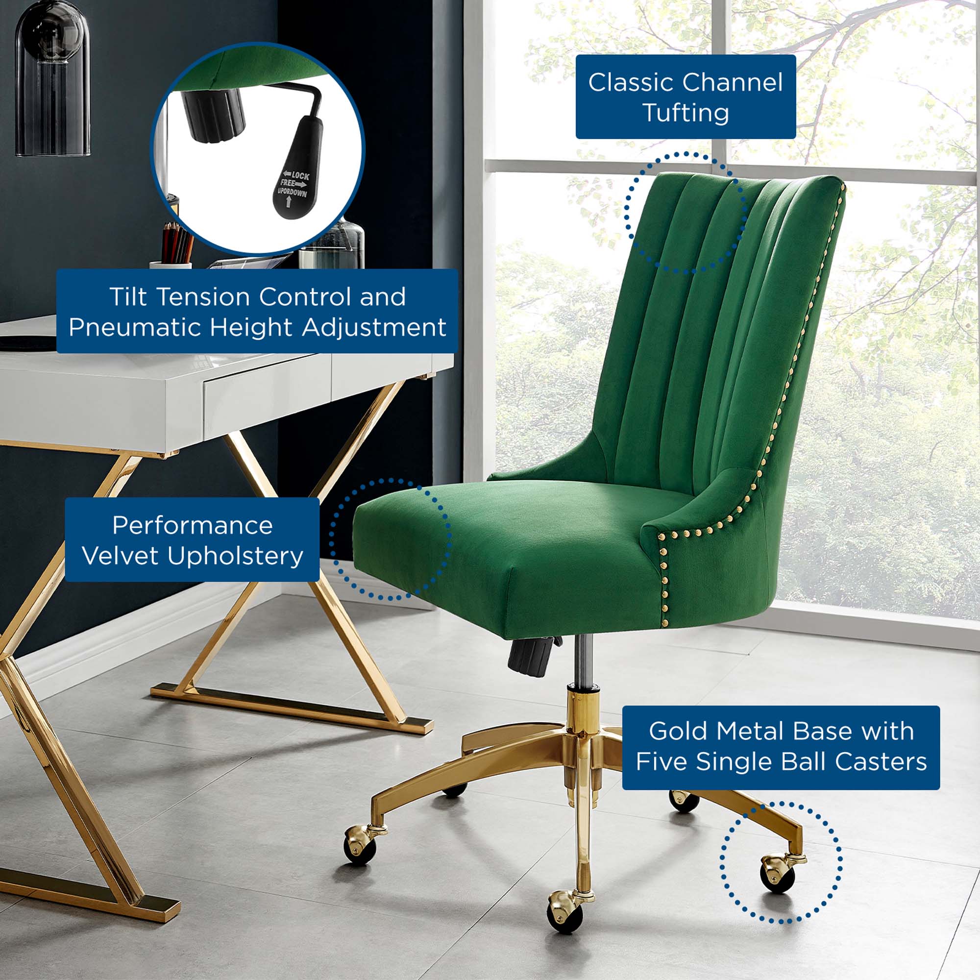 Chaise de bureau en velours capitonné Empower Channel