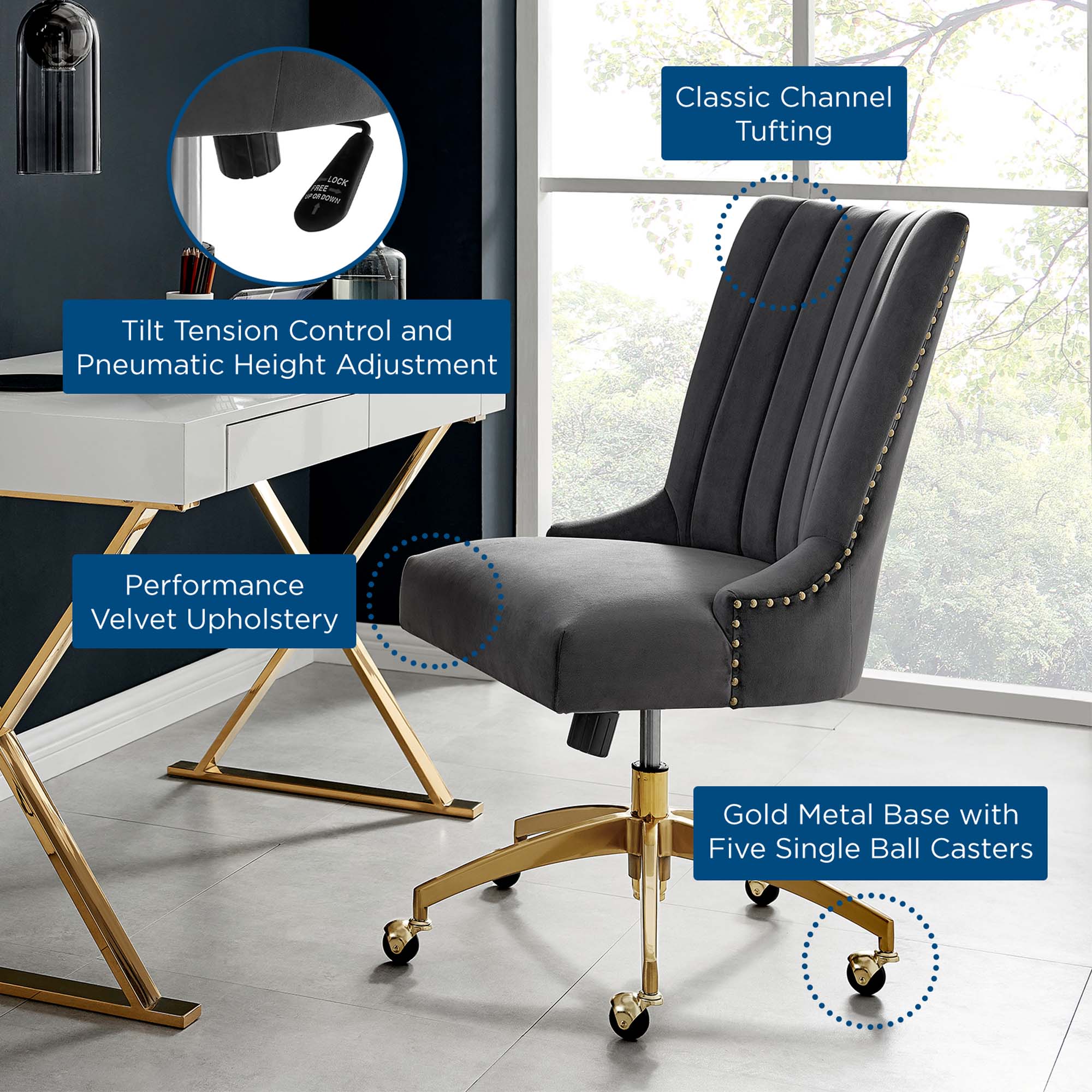 Chaise de bureau en velours capitonné Empower Channel