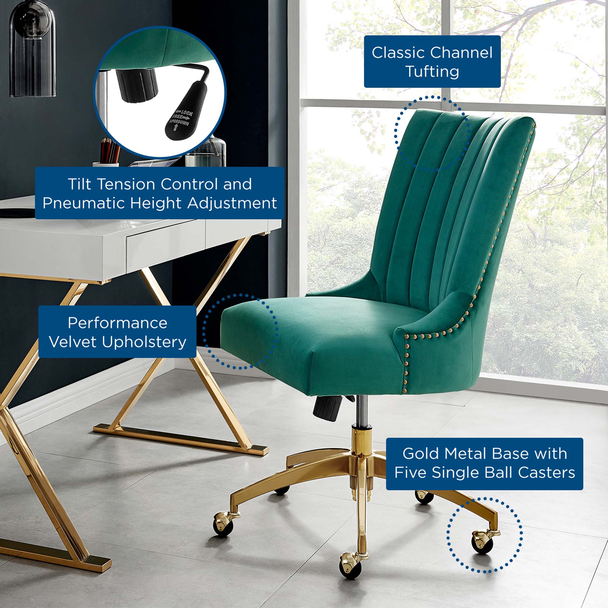 Chaise de bureau en velours capitonné Empower Channel