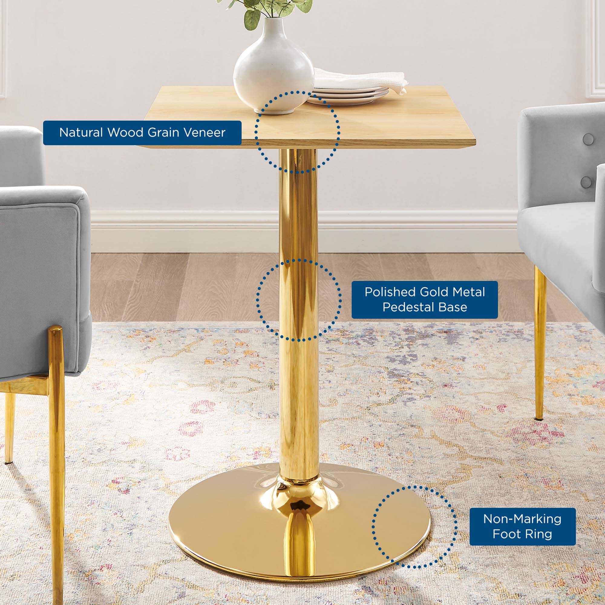 Verne 24" Square Dining Table in Gold Natural