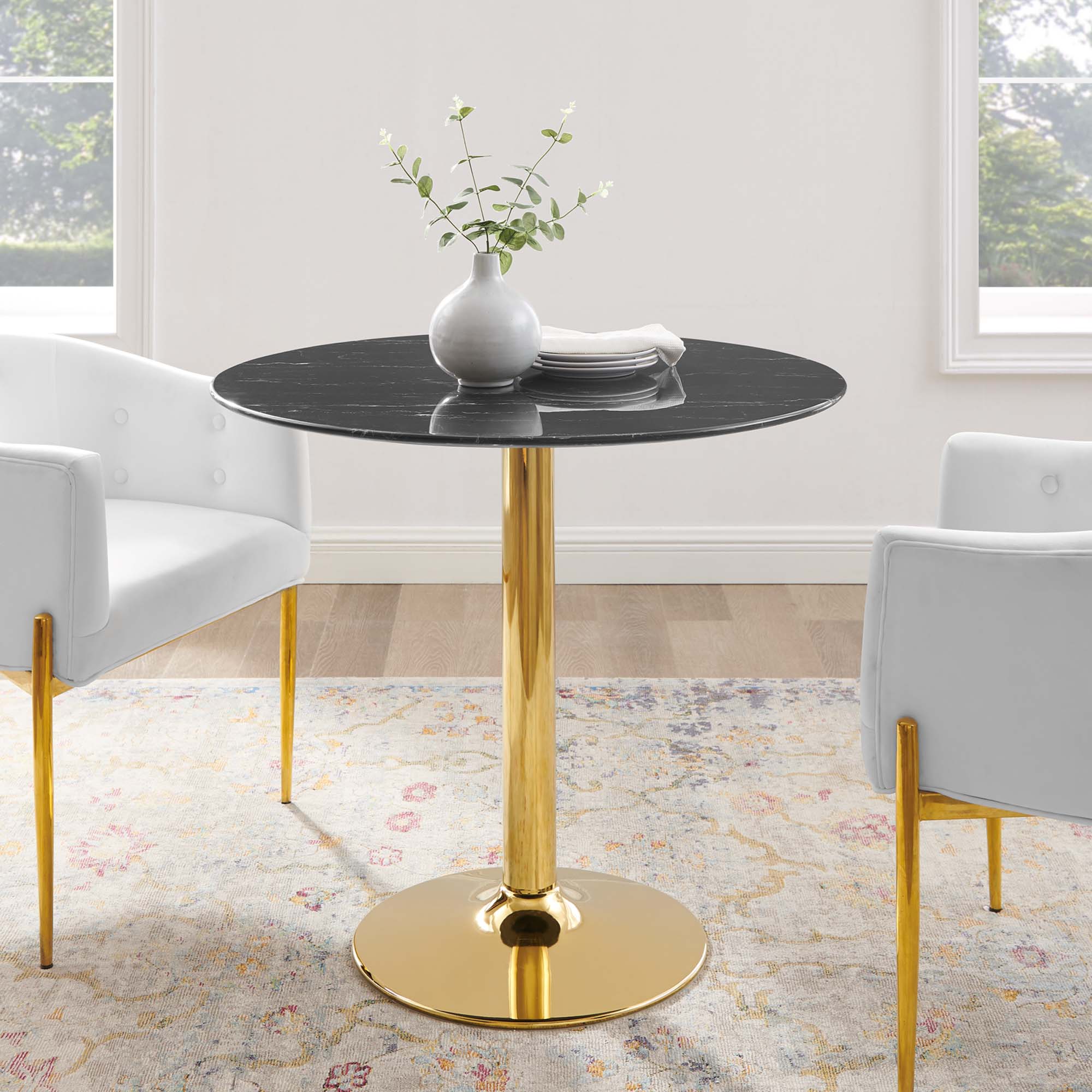 Verne 35" Artificial Marble Dining Table in Gold Black