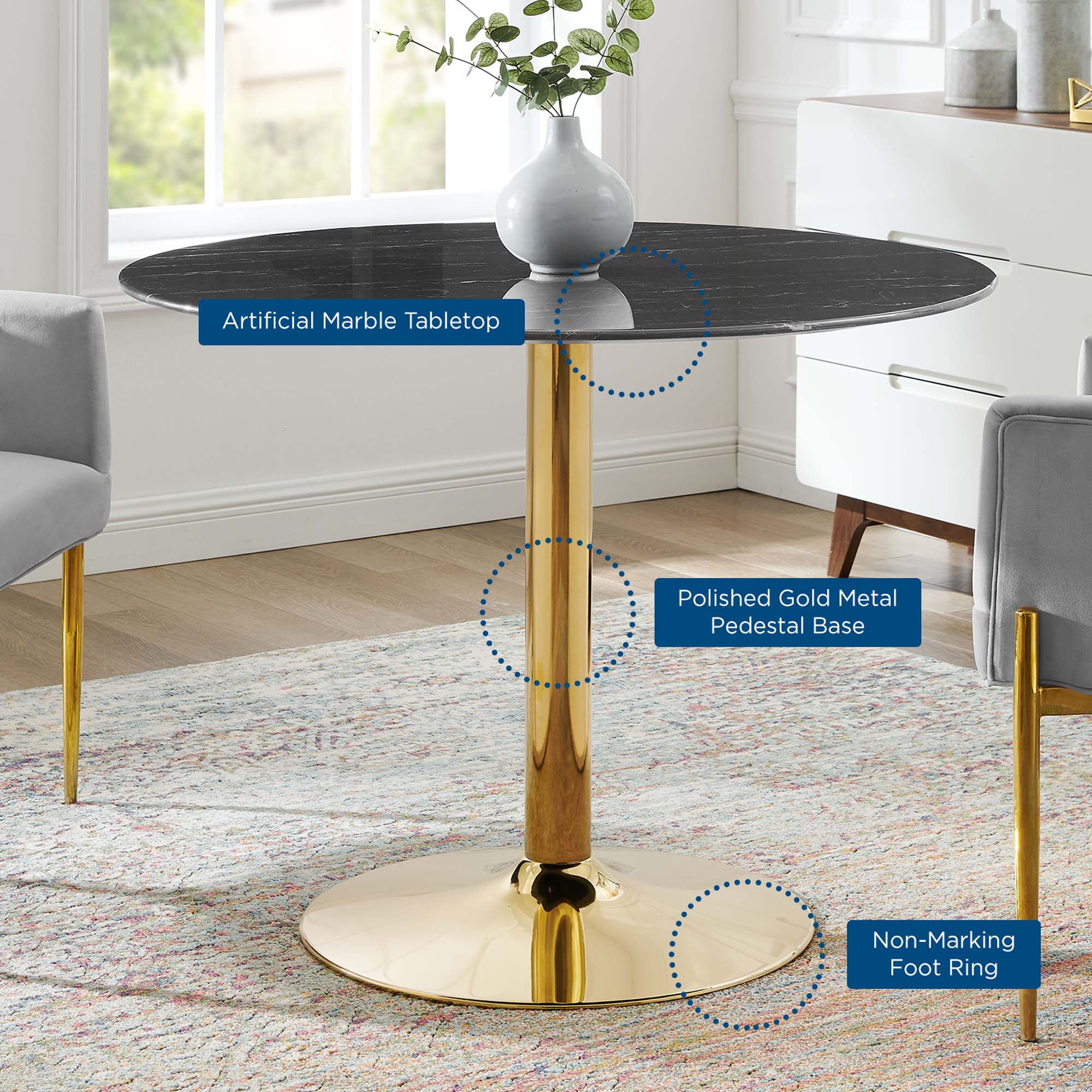 Table à manger en marbre artificiel Verne de 40 po en noir doré