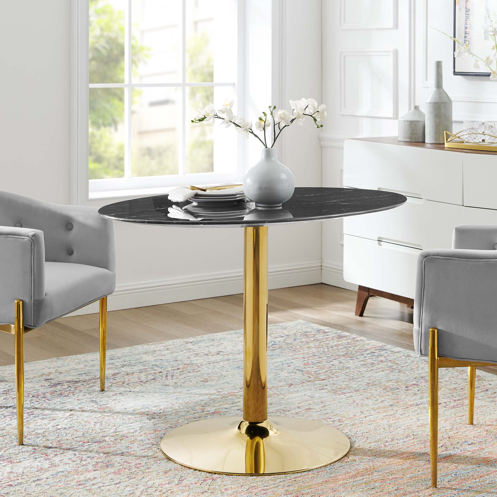 Verne 42" Artificial Marble Dining Table in Gold Black