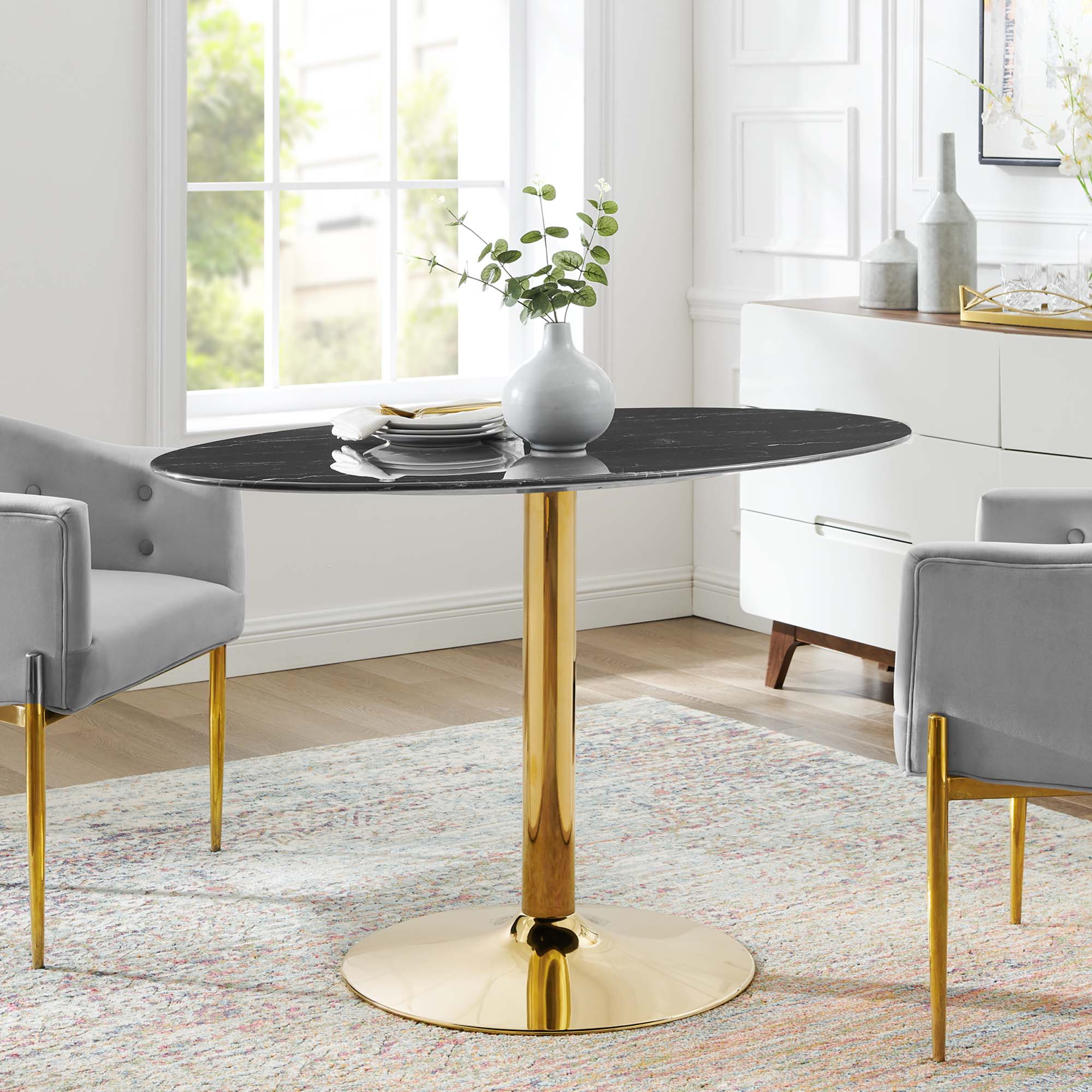 Verne 48" Artificial Marble Dining Table in Gold Black