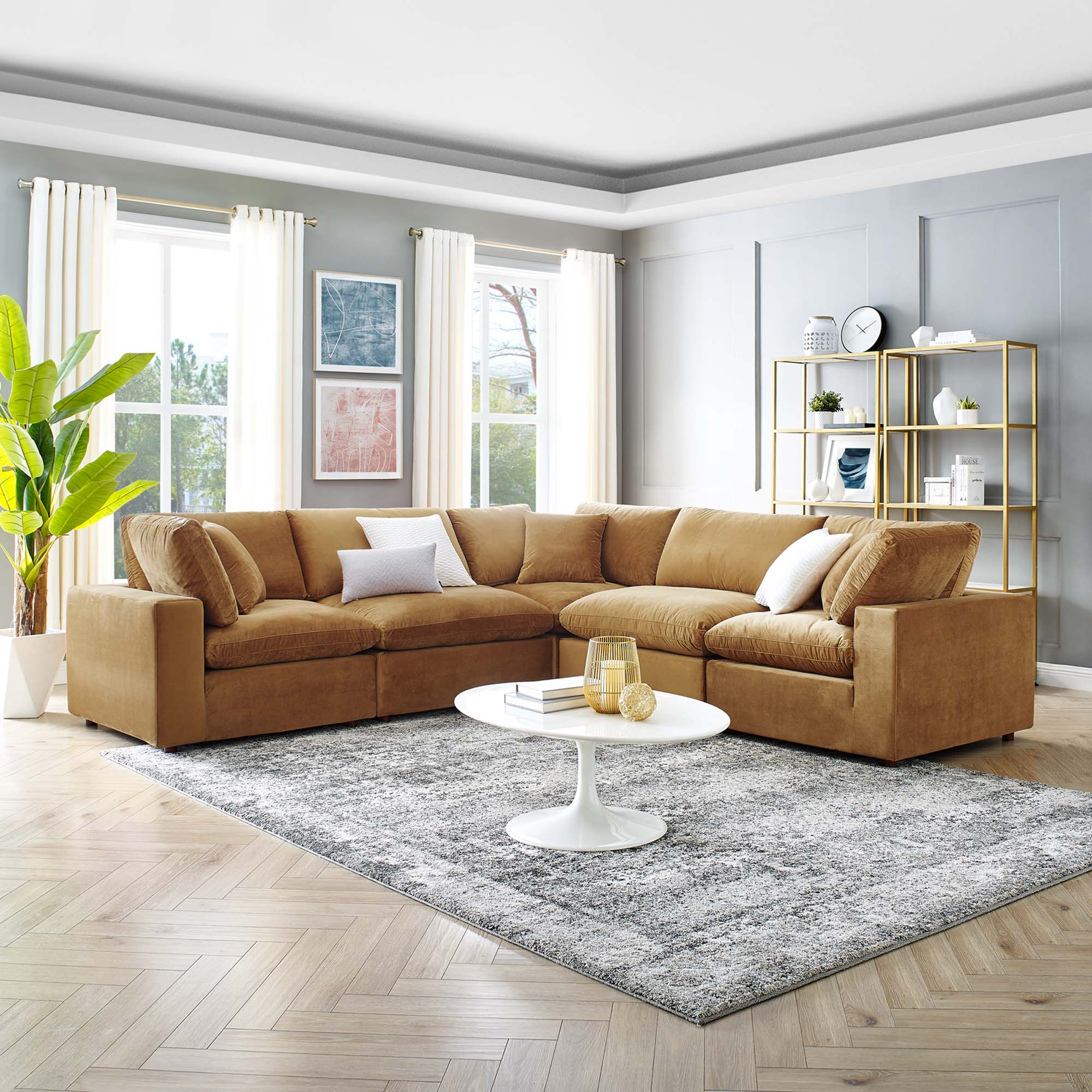 Commix Down Filled Overstuffed Performance Velvet 5-Piece Sectional Sofa