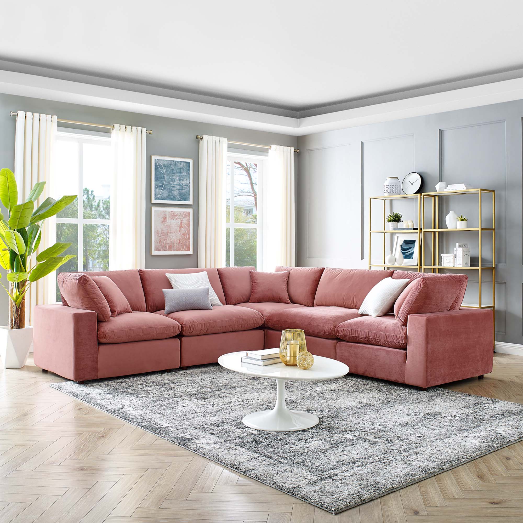 Commix Down Filled Overstuffed Performance Velvet 5-Piece Sectional Sofa