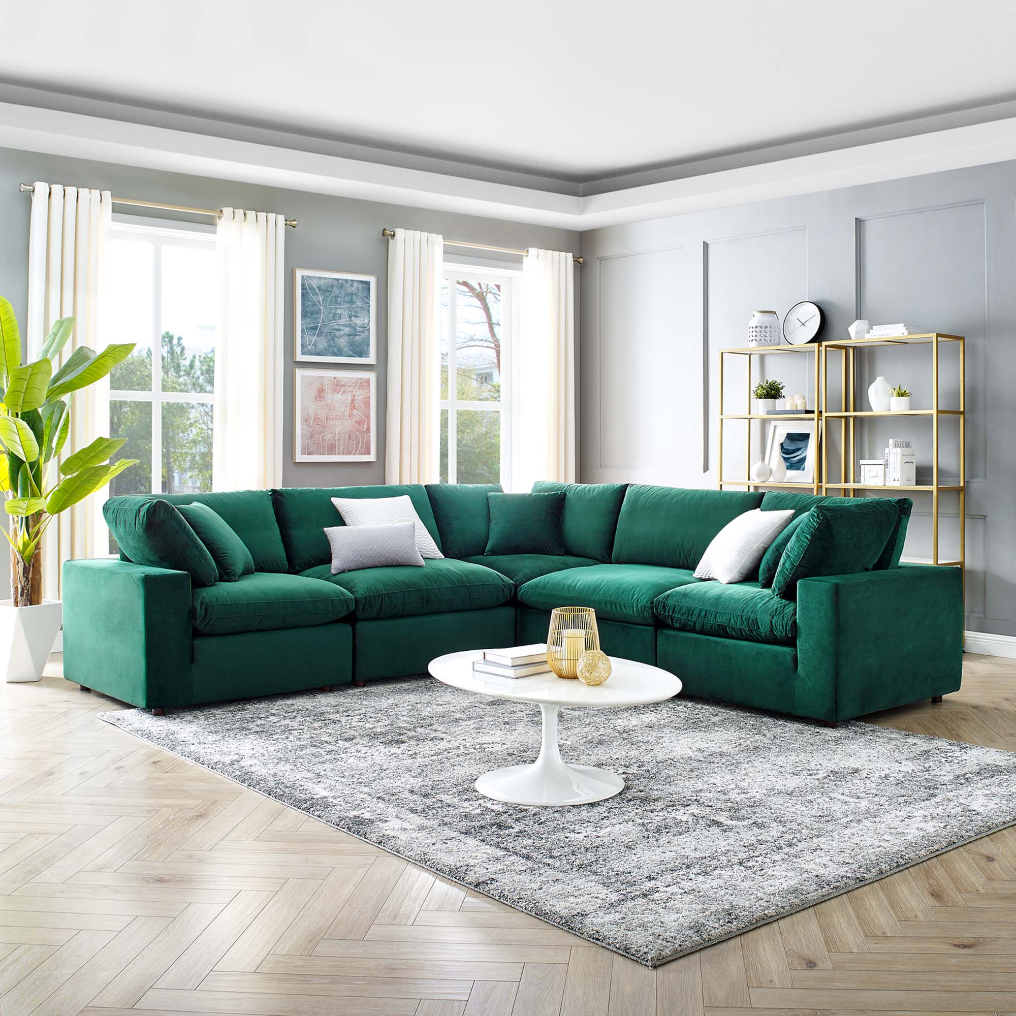 Commix Down Filled Overstuffed Performance Velvet 5-Piece Sectional Sofa