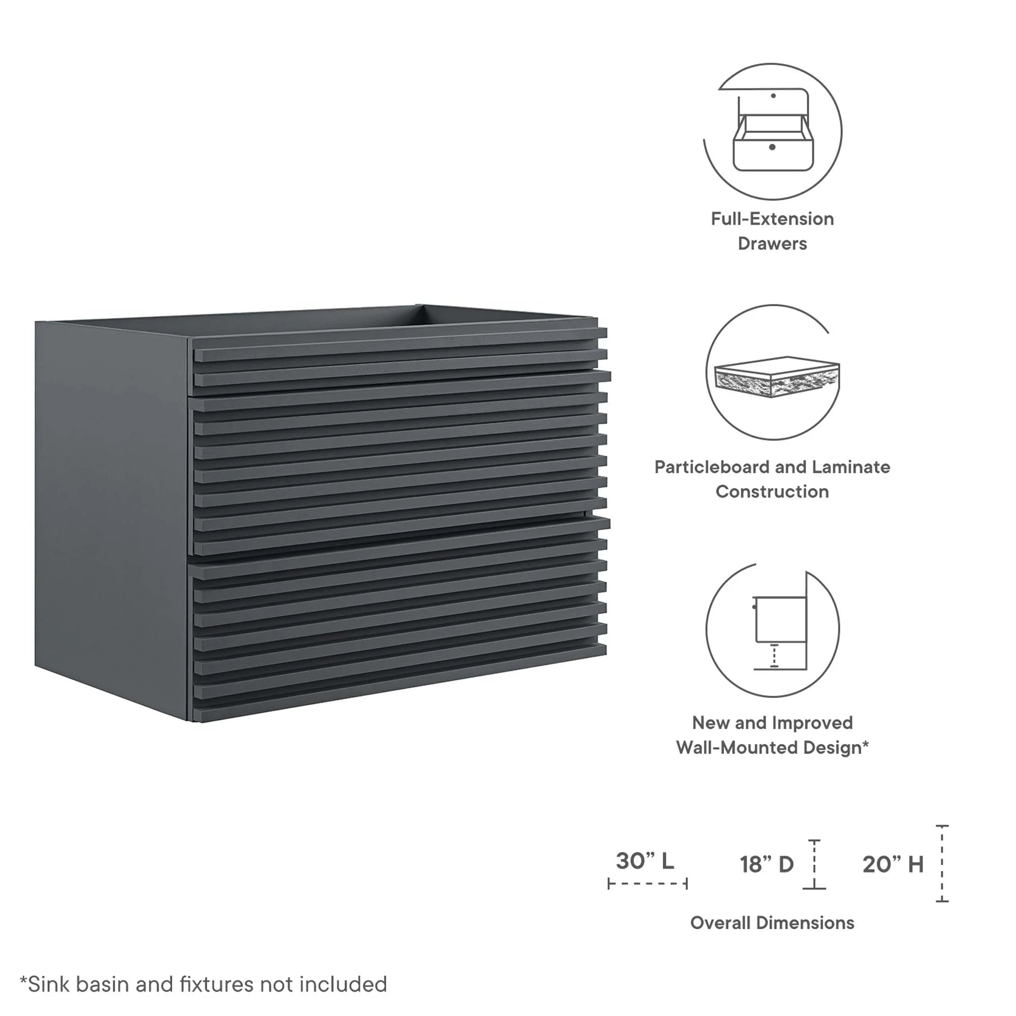 Meuble-lavabo mural pour salle de bain avec lavabo non inclus