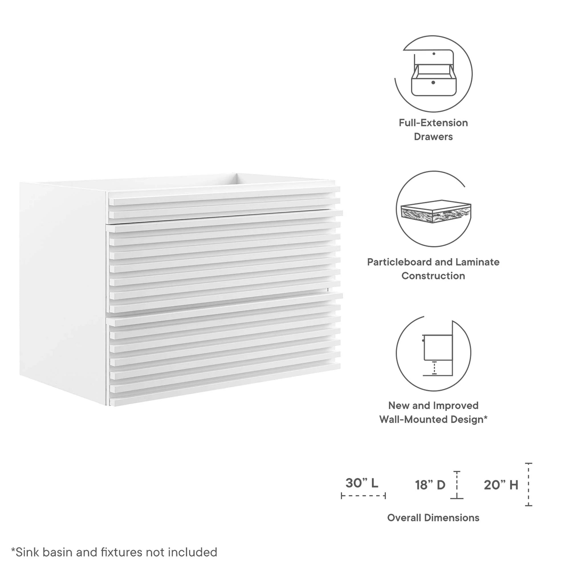 Meuble-lavabo mural pour salle de bain avec lavabo non inclus