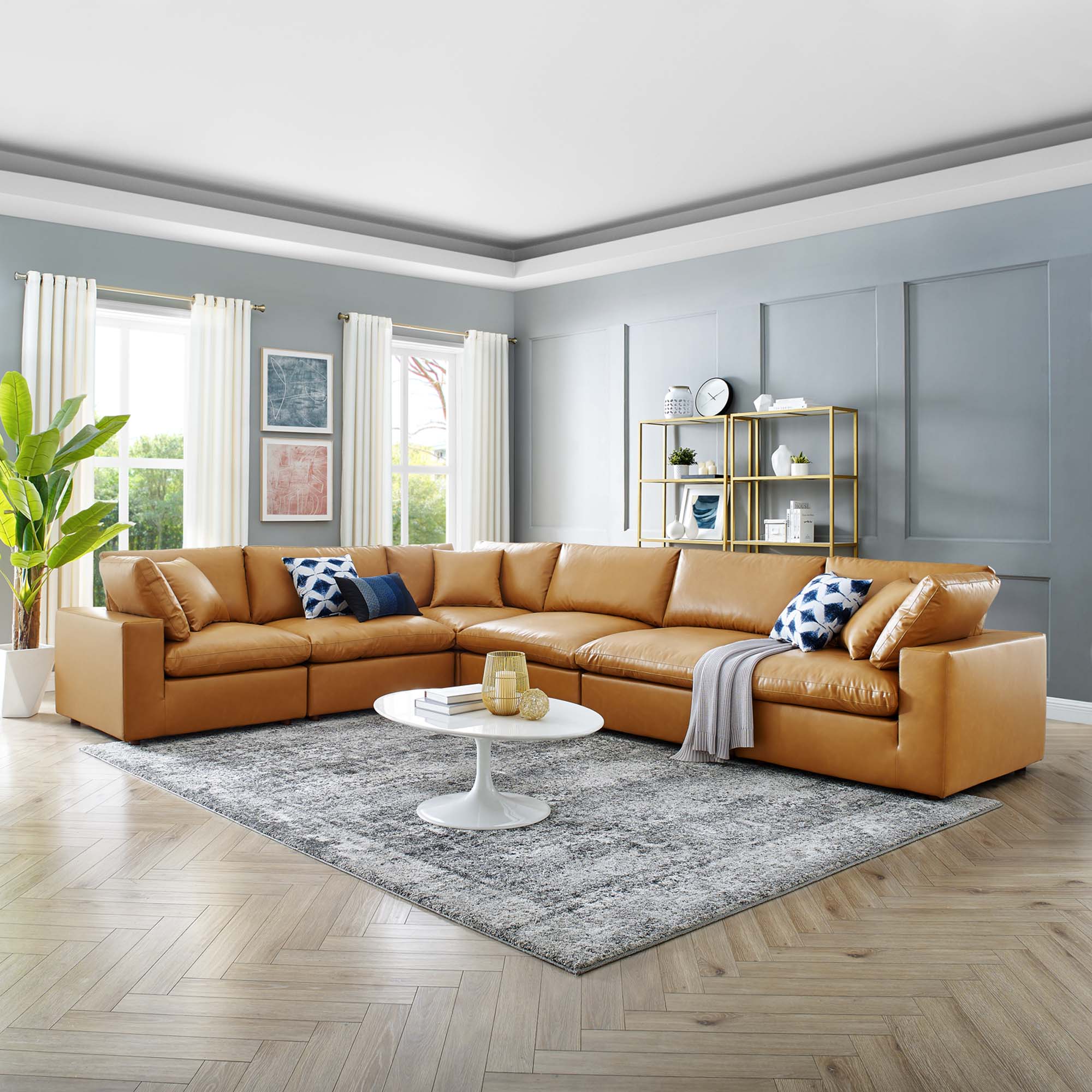 Commix Down Filled Overstuffed Vegan Leather 6-Piece Sectional Sofa