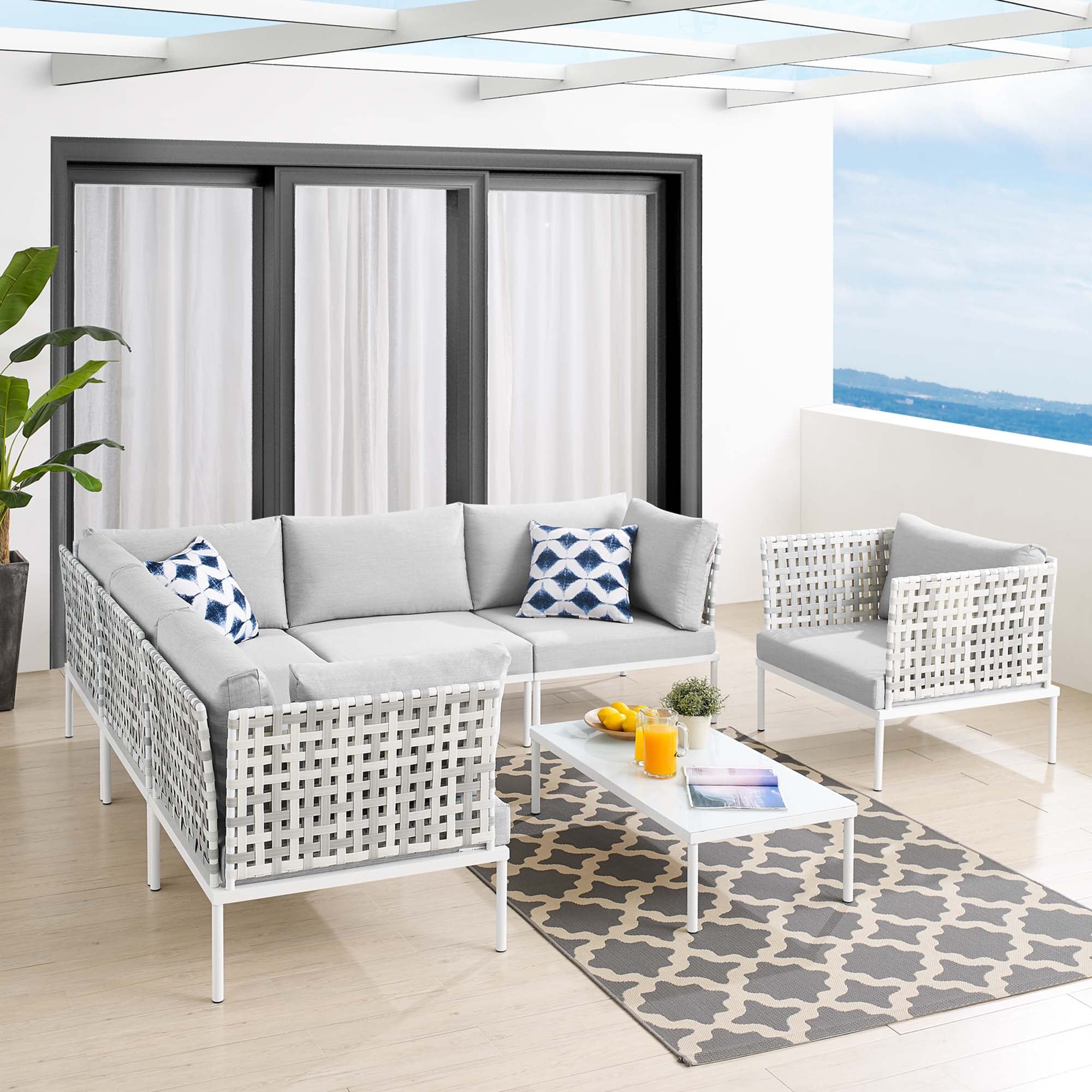 Harmony 7-Piece Sunbrella® Basket Weave Outdoor Patio Aluminum Sectional Sofa Set