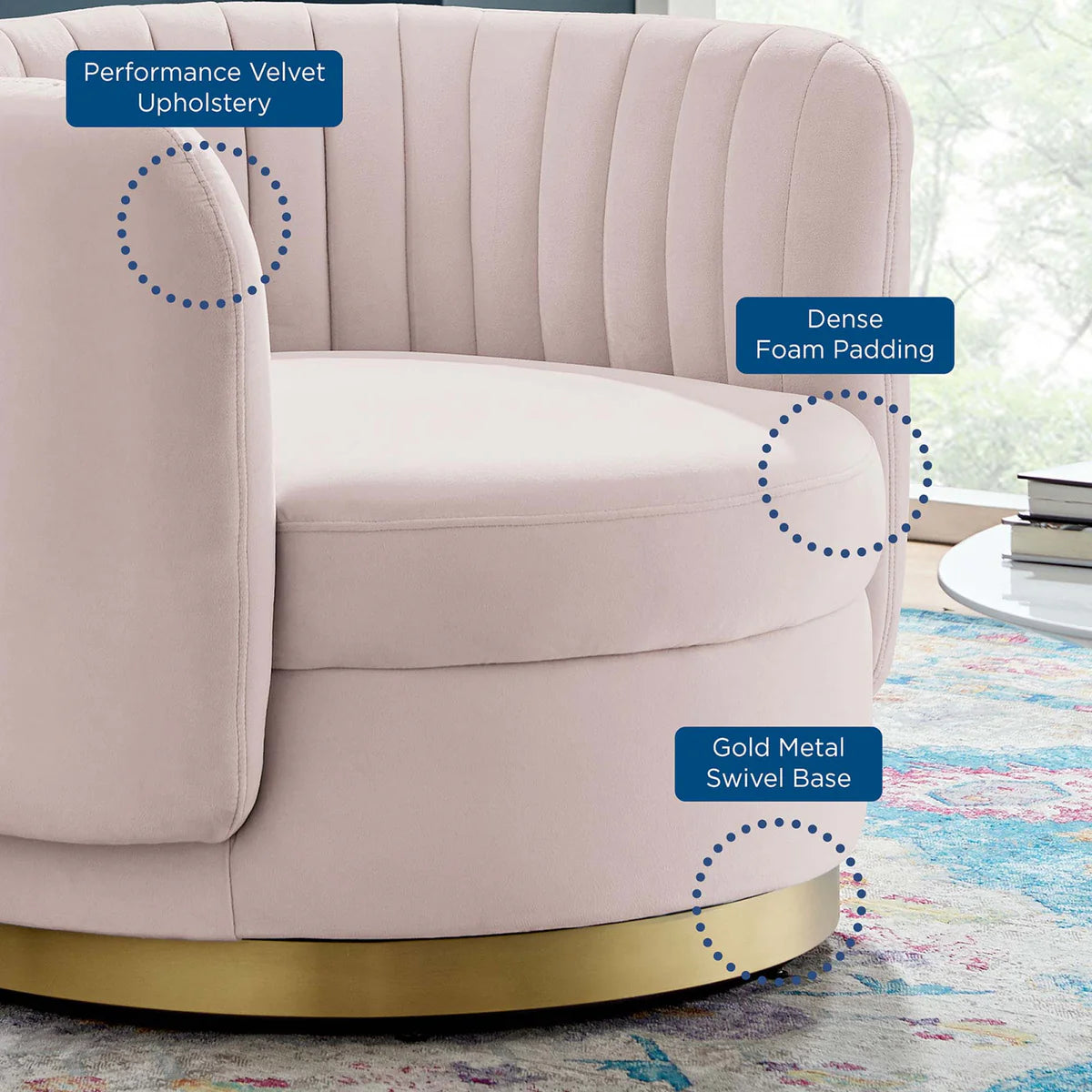 Embrace Tufted Performance Velvet Swivel Chair in Gold Pink