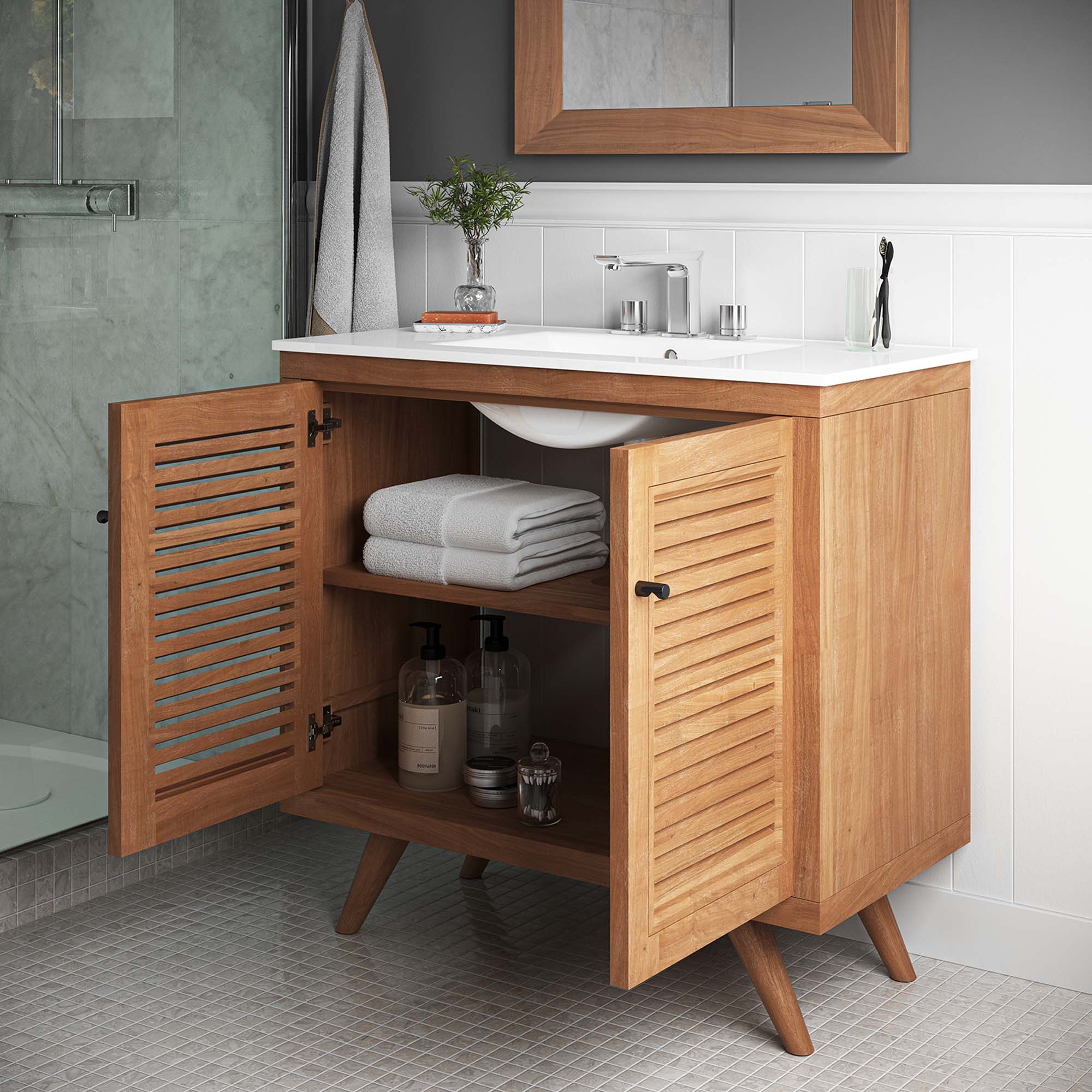 Meuble de salle de bain en bois de teck Birdie Lavabo non inclus