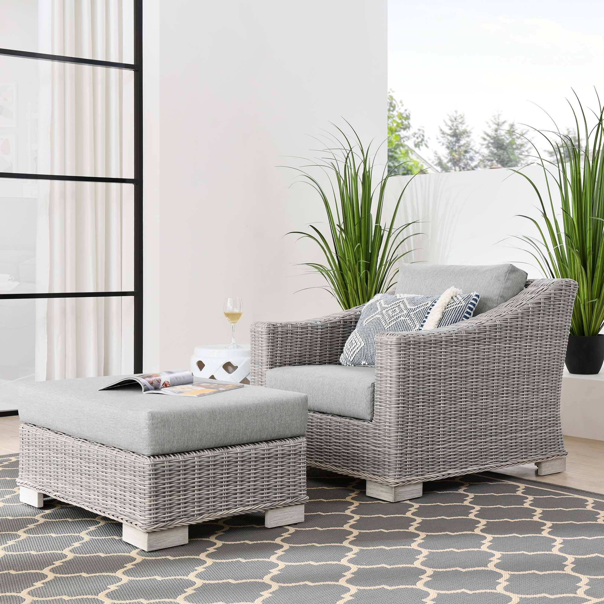 Conway 2-Piece Outdoor Patio Wicker Rattan Armchair and Ottoman Set