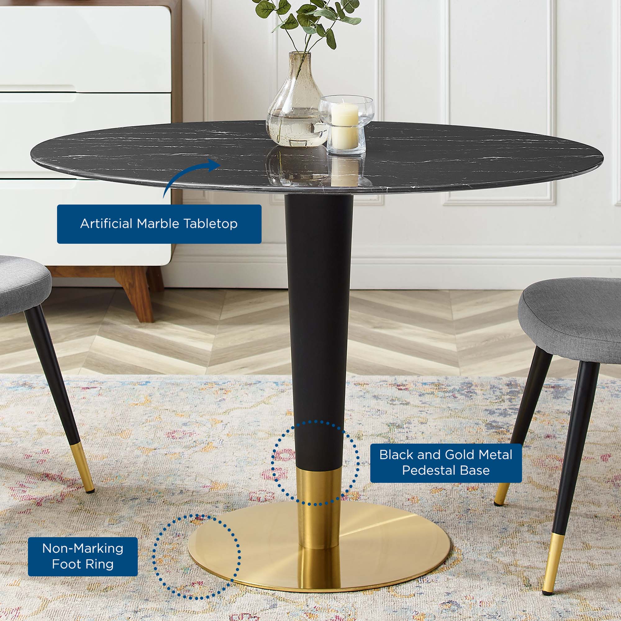 Zinque 42" Oval Artificial Marble Dining Table in Gold Black