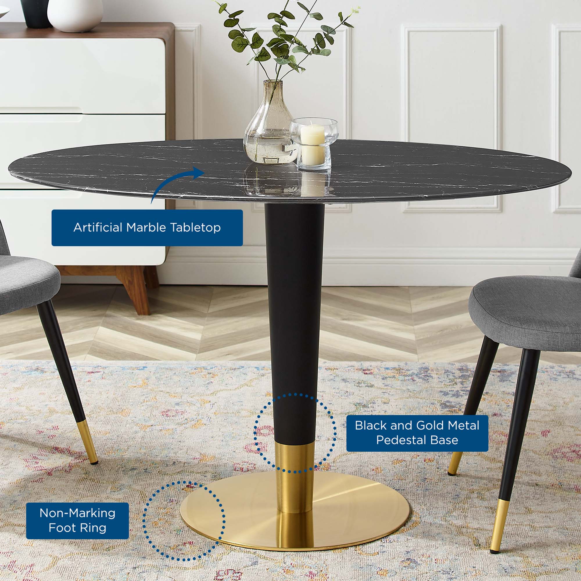 Zinque 48" Oval Artificial Marble Dining Table in Gold Black