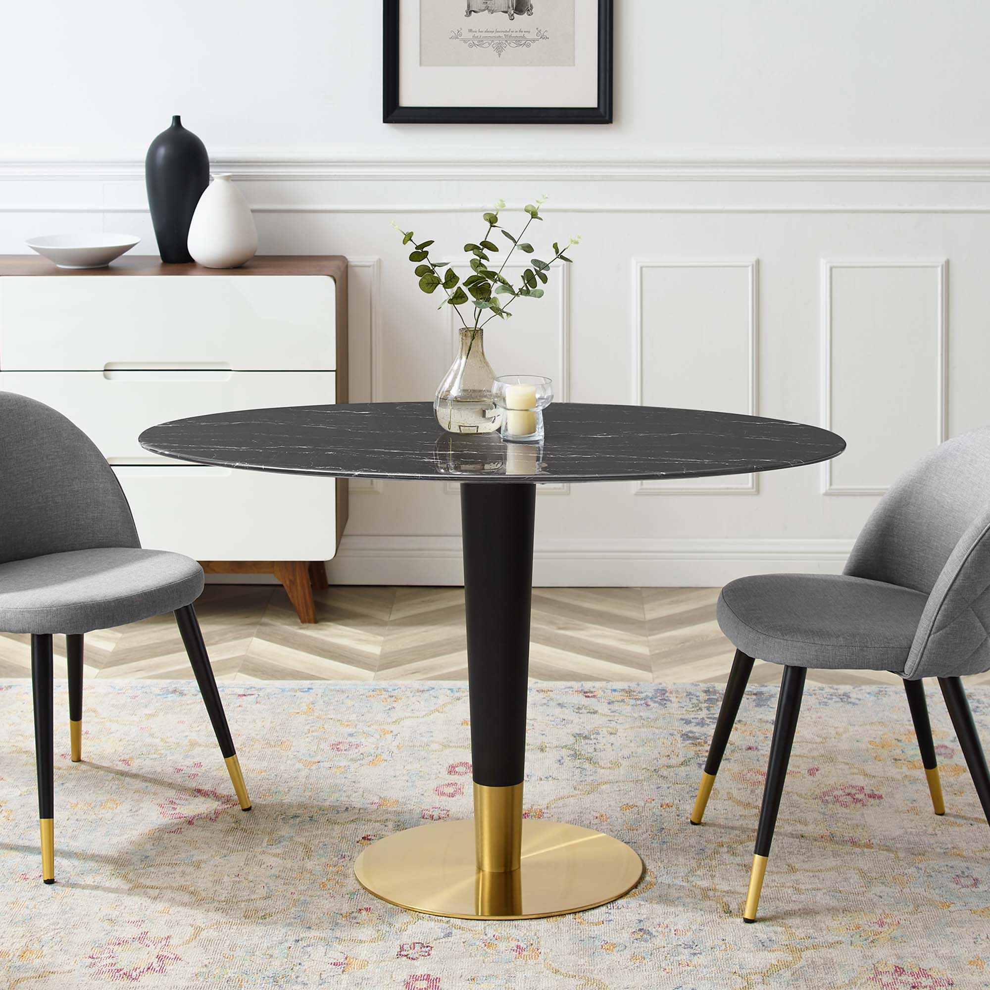 Zinque 48" Oval Artificial Marble Dining Table in Gold Black