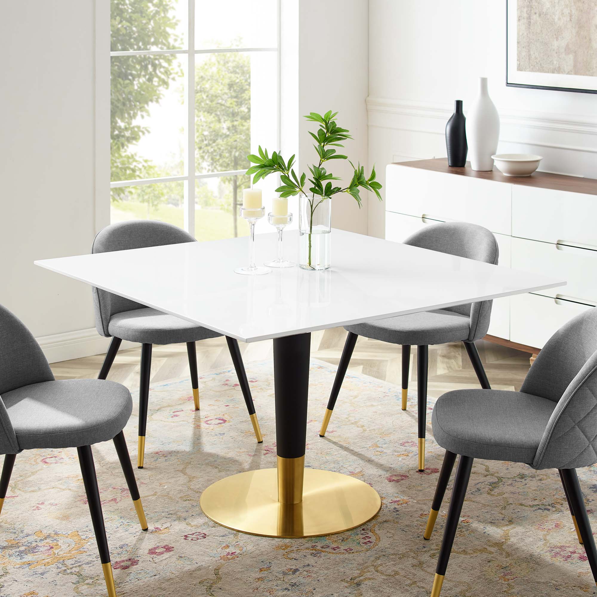 Zinque 47" Square Dining Table in Gold White