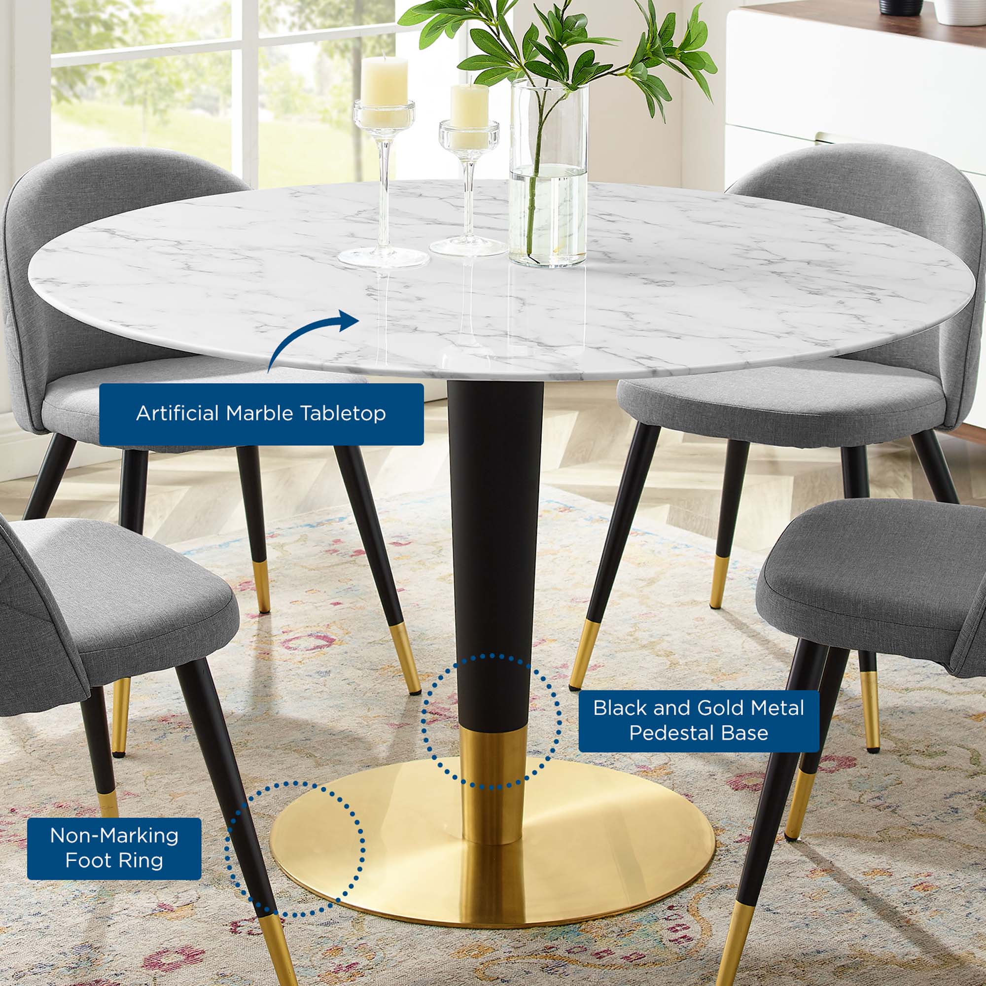 Zinque 47" Artificial Marble Dining Table in Gold White