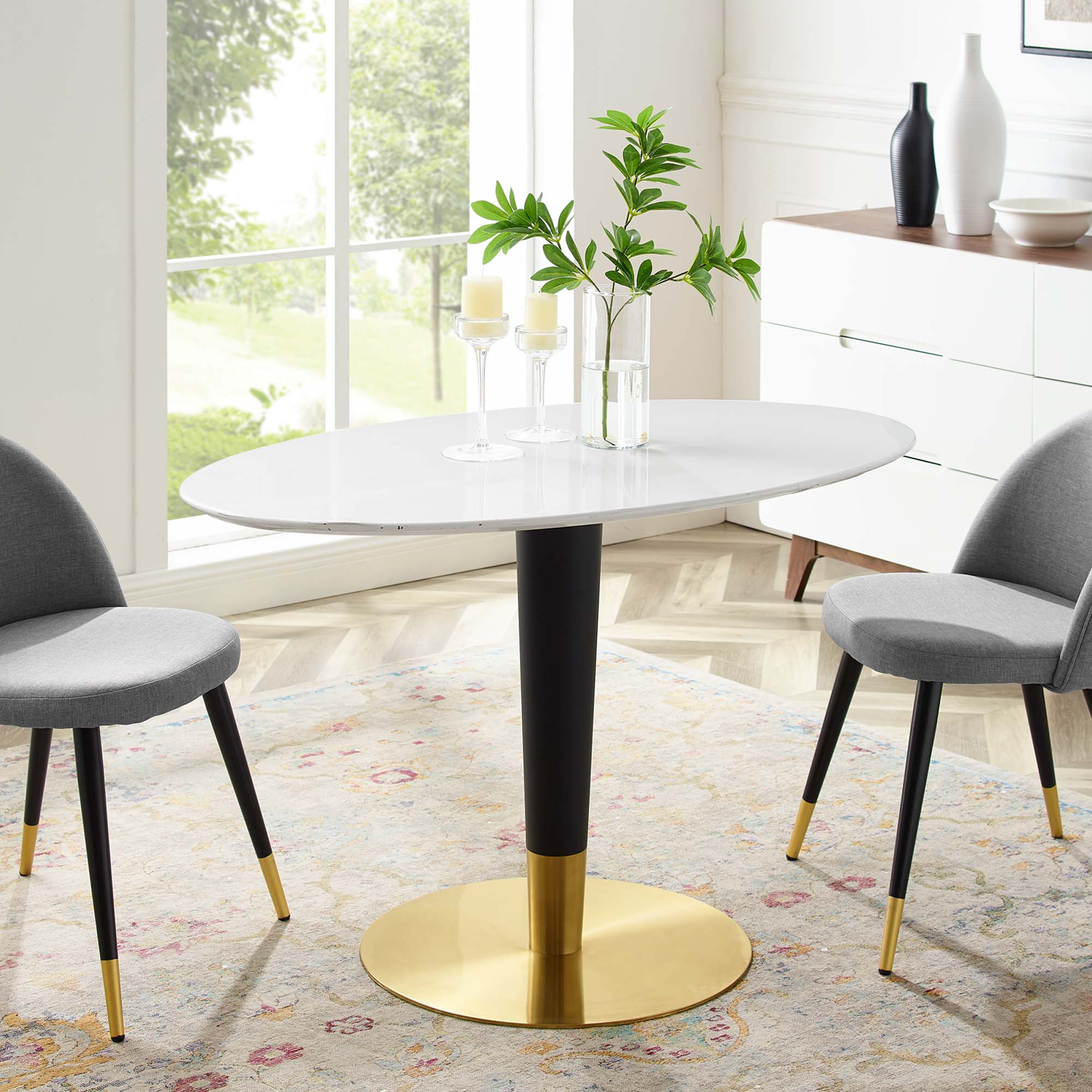 Zinque 48" Oval Dining Table in Gold White