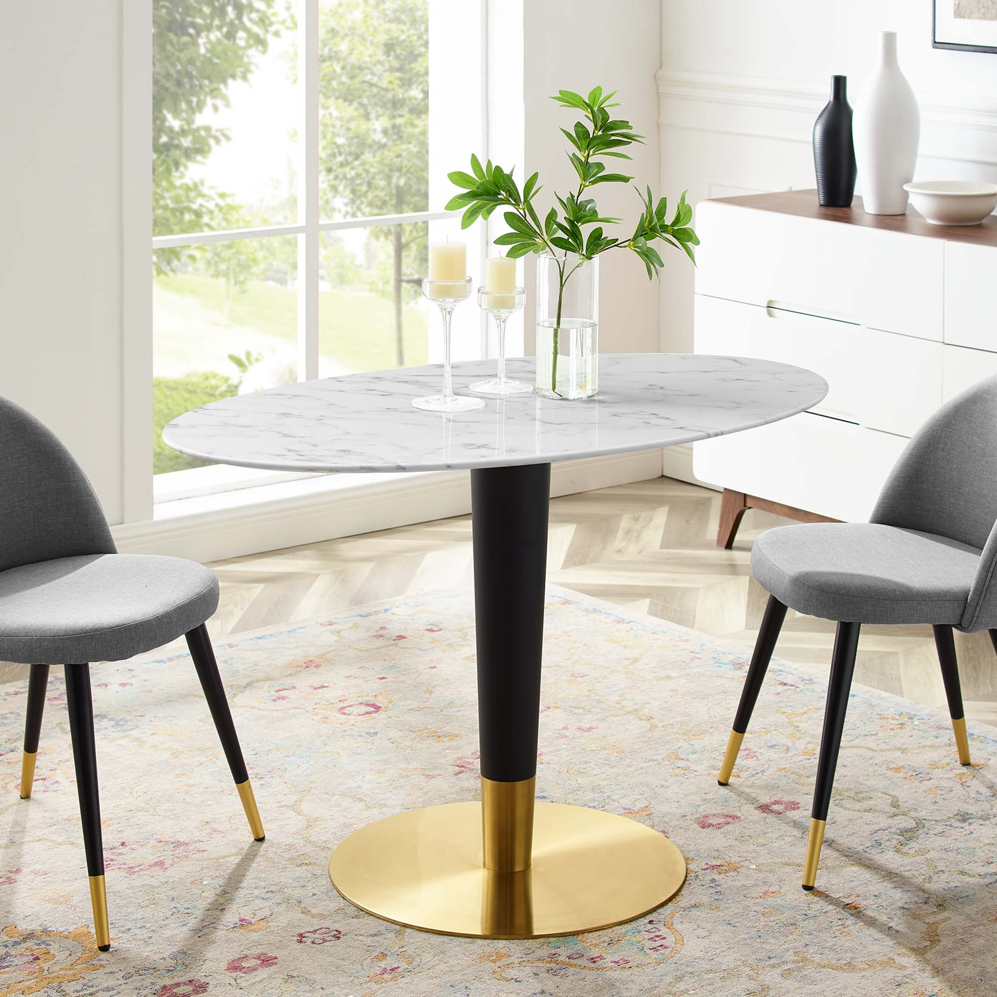 Zinque 48" Oval Artificial Marble Dining Table in Gold White