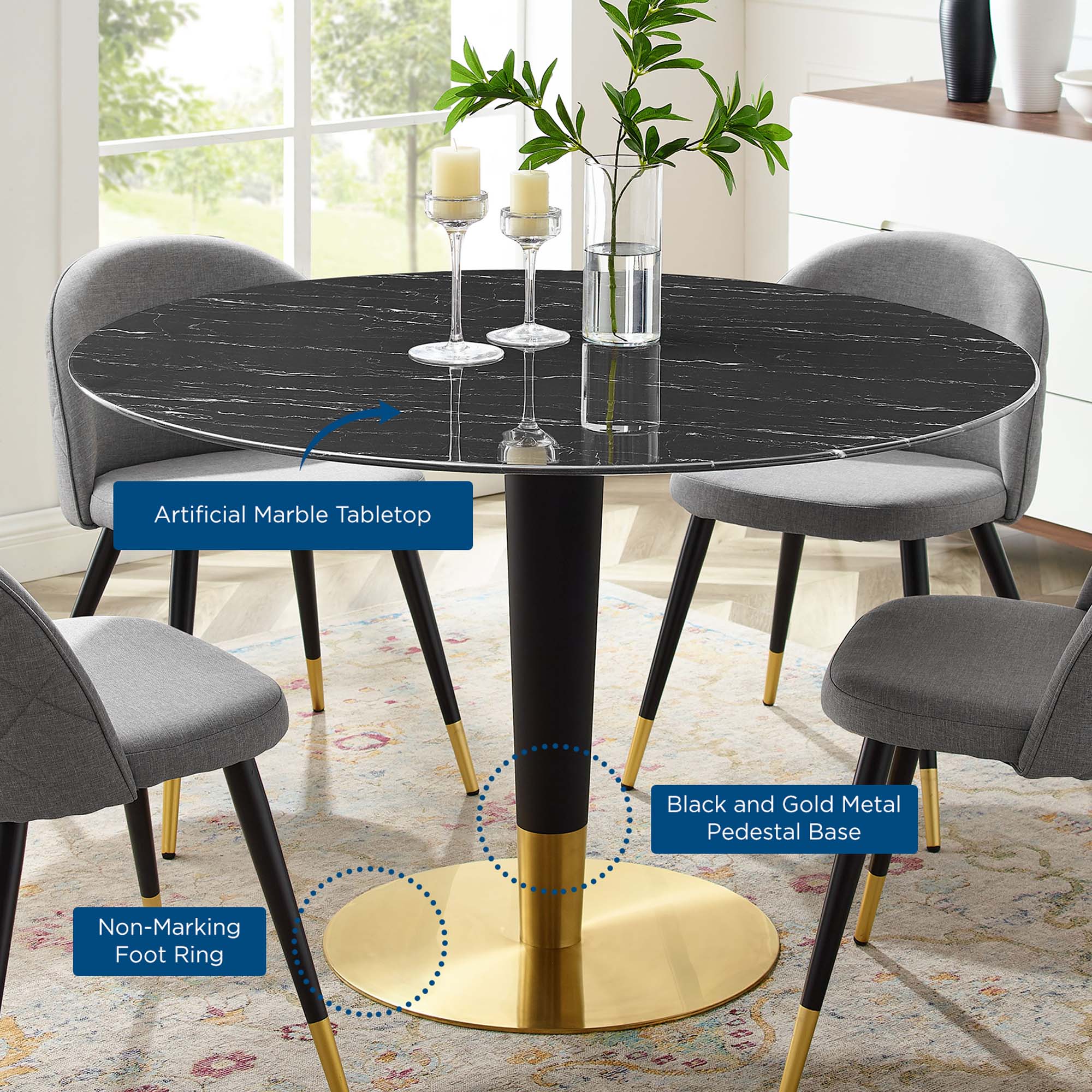 Zinque 47" Artificial Marble Dining Table in Gold Black