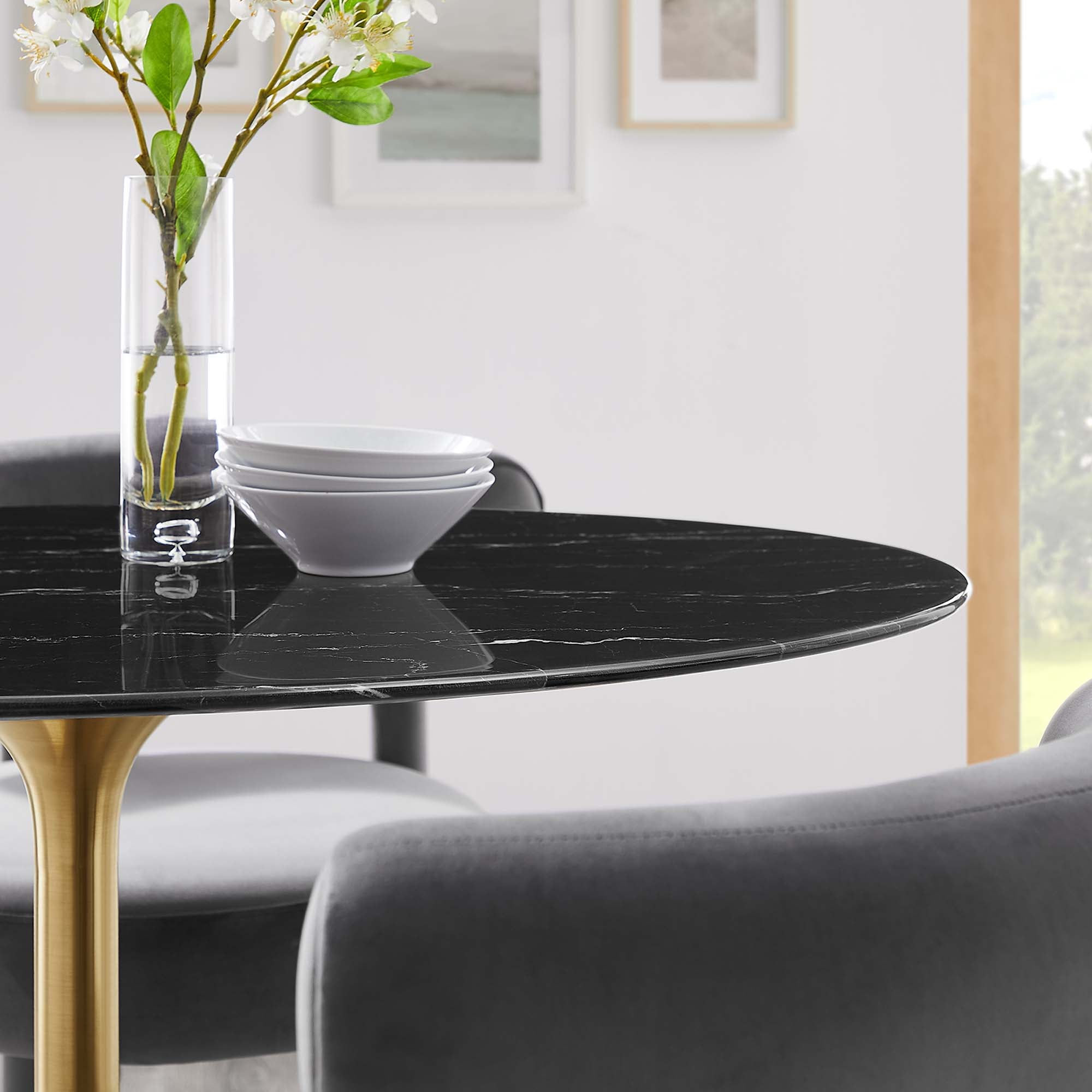 Lippa 42" Oval Artificial Marble Dining Table in Gold Black