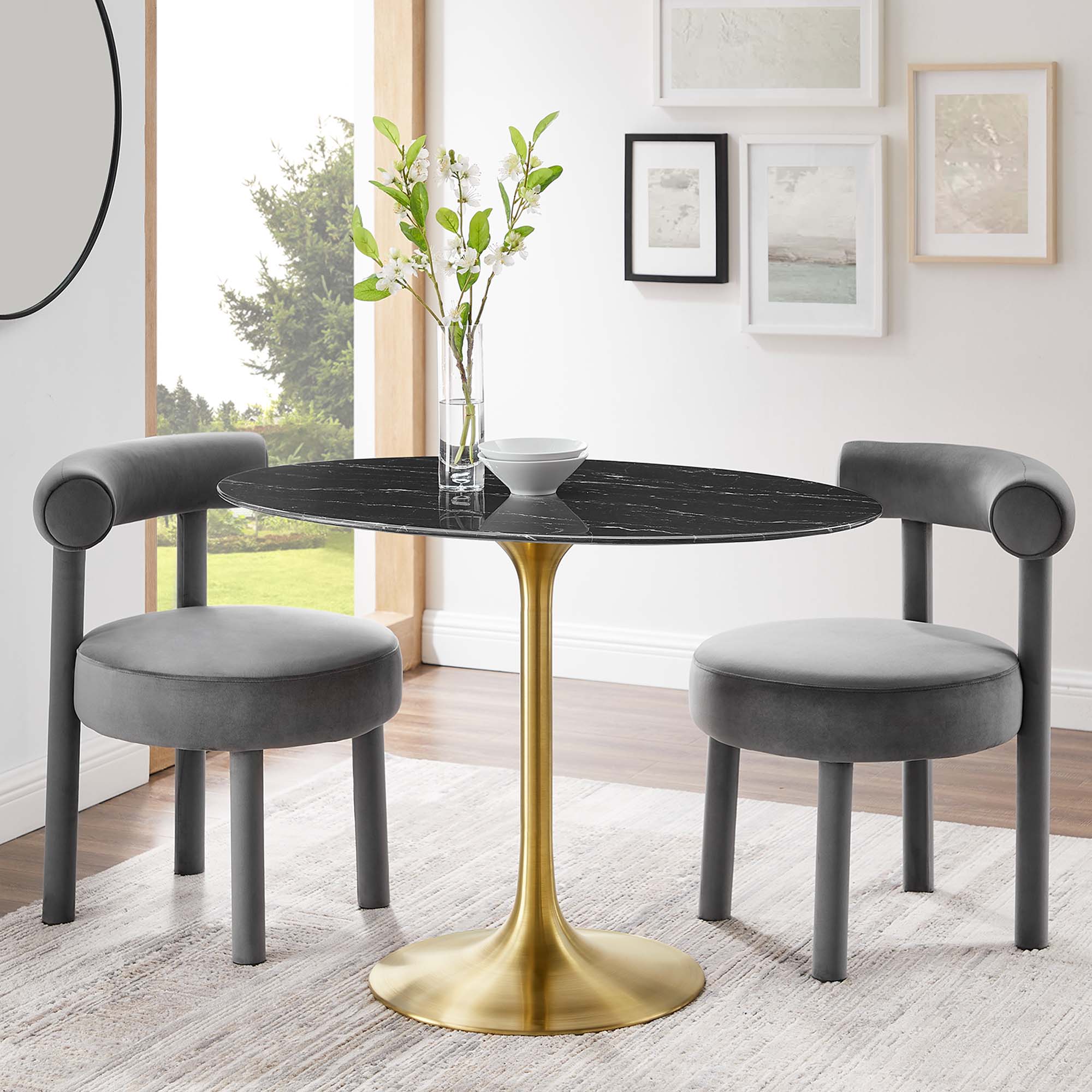 Lippa 42" Oval Artificial Marble Dining Table in Gold Black