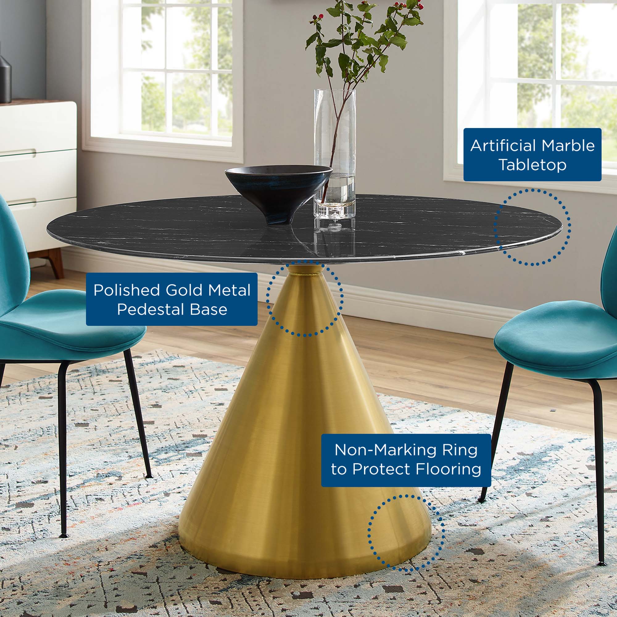 Tupelo 47" Artificial Marble Dining Table in Gold Black