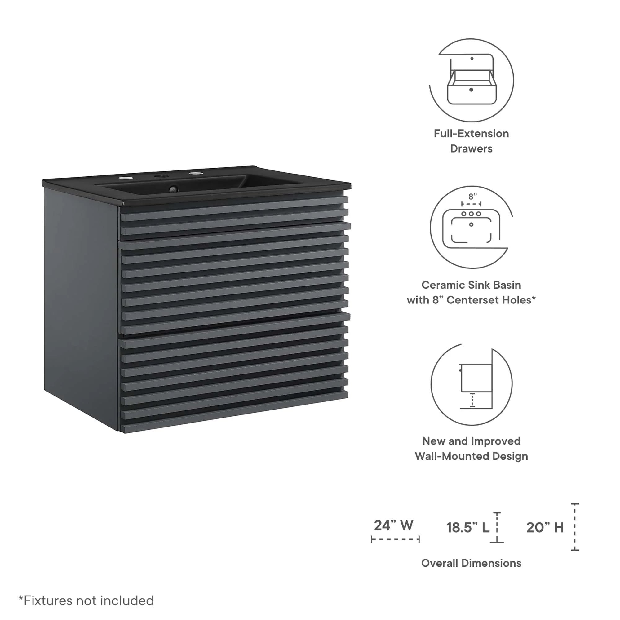 Meuble-lavabo mural de salle de bain avec vasque noire incluse