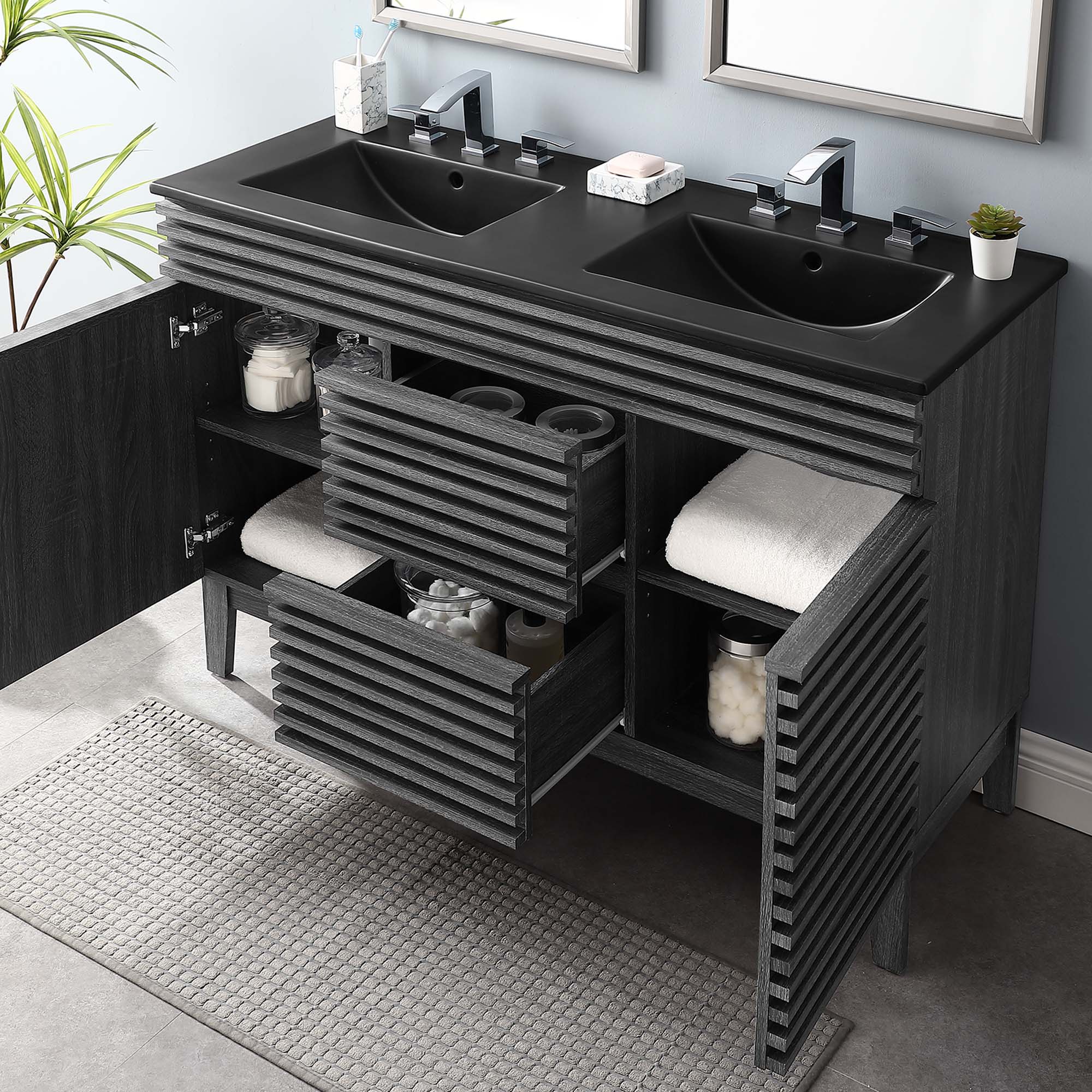 Meuble-lavabo à double vasque avec vasque noire incluse