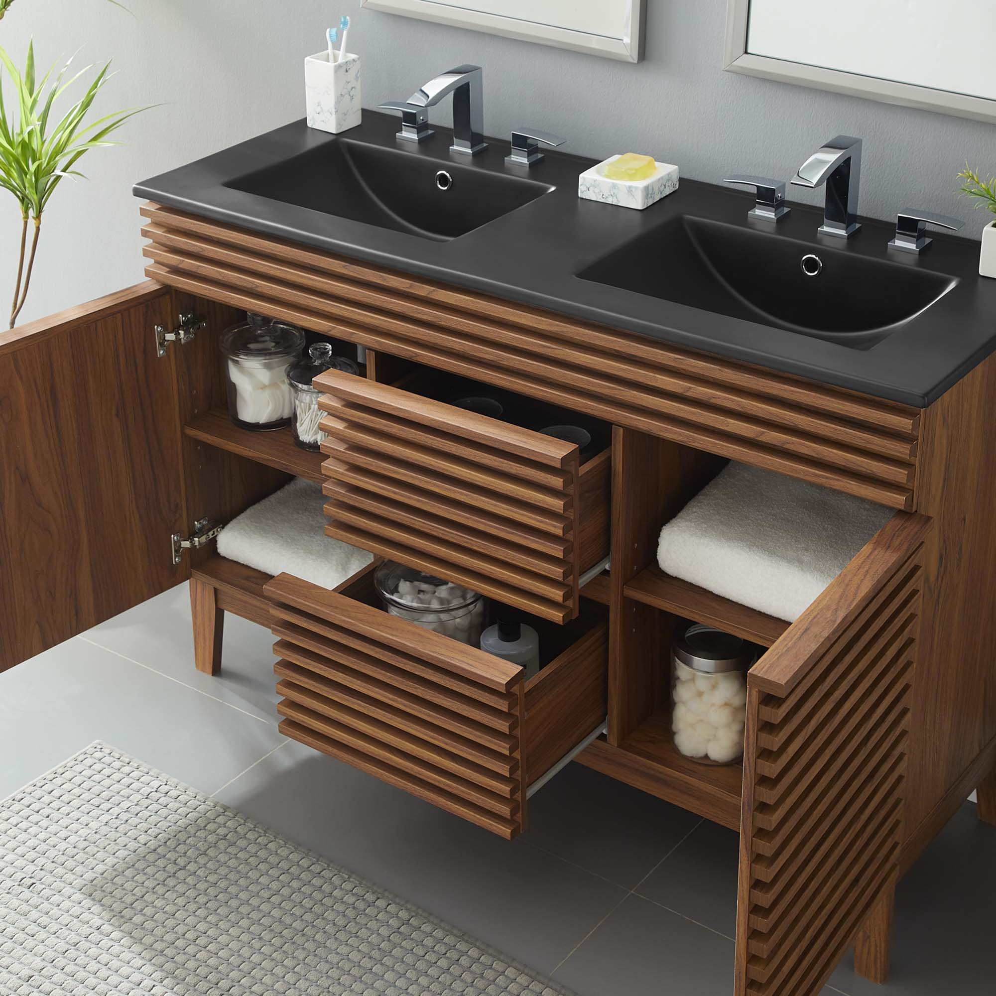 Meuble-lavabo à double vasque avec vasque noire incluse