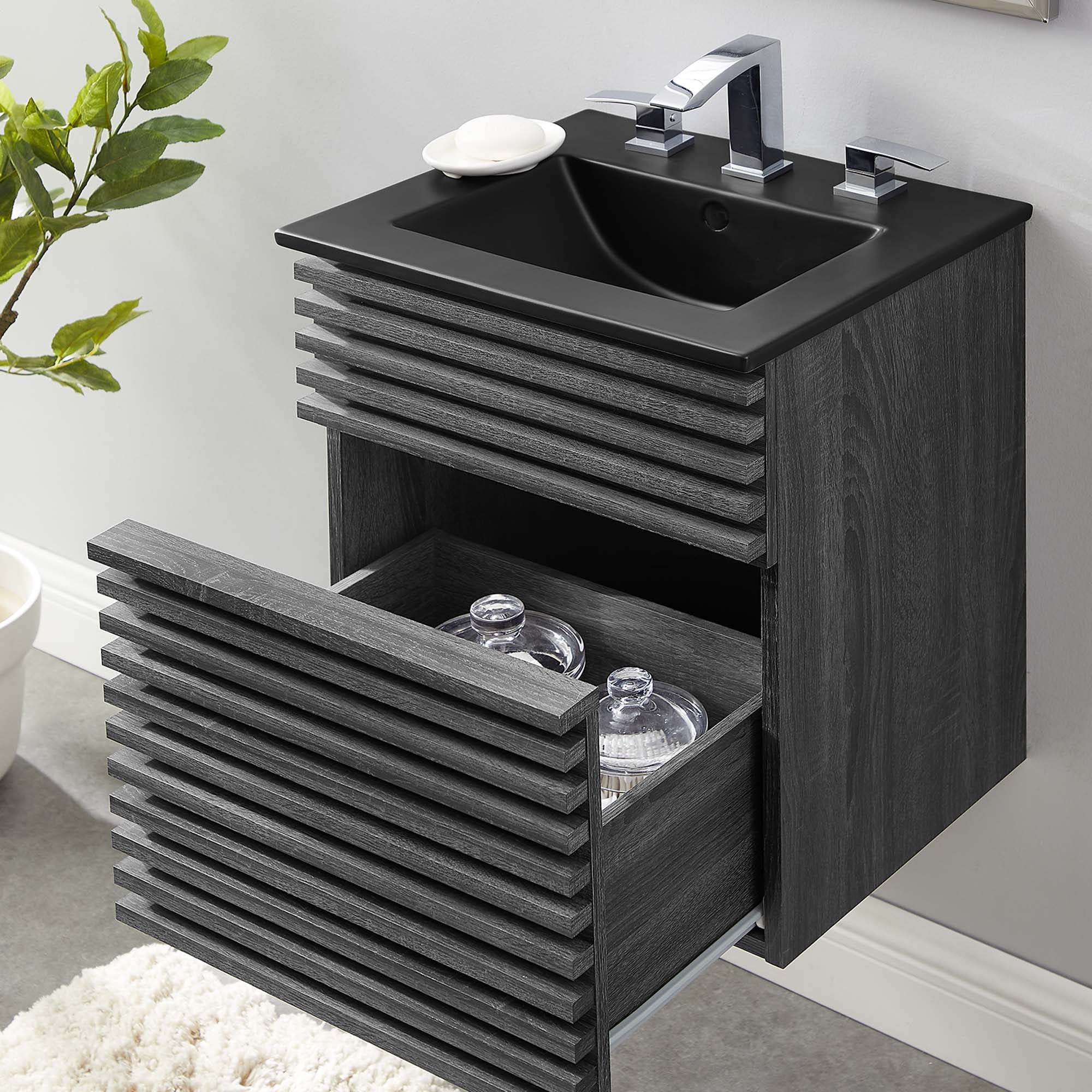 Meuble-lavabo mural de salle de bain avec vasque noire incluse