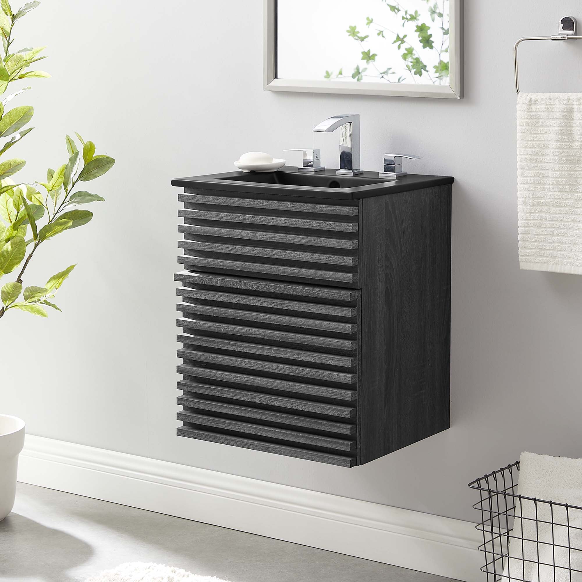 Meuble-lavabo mural de salle de bain avec vasque noire incluse