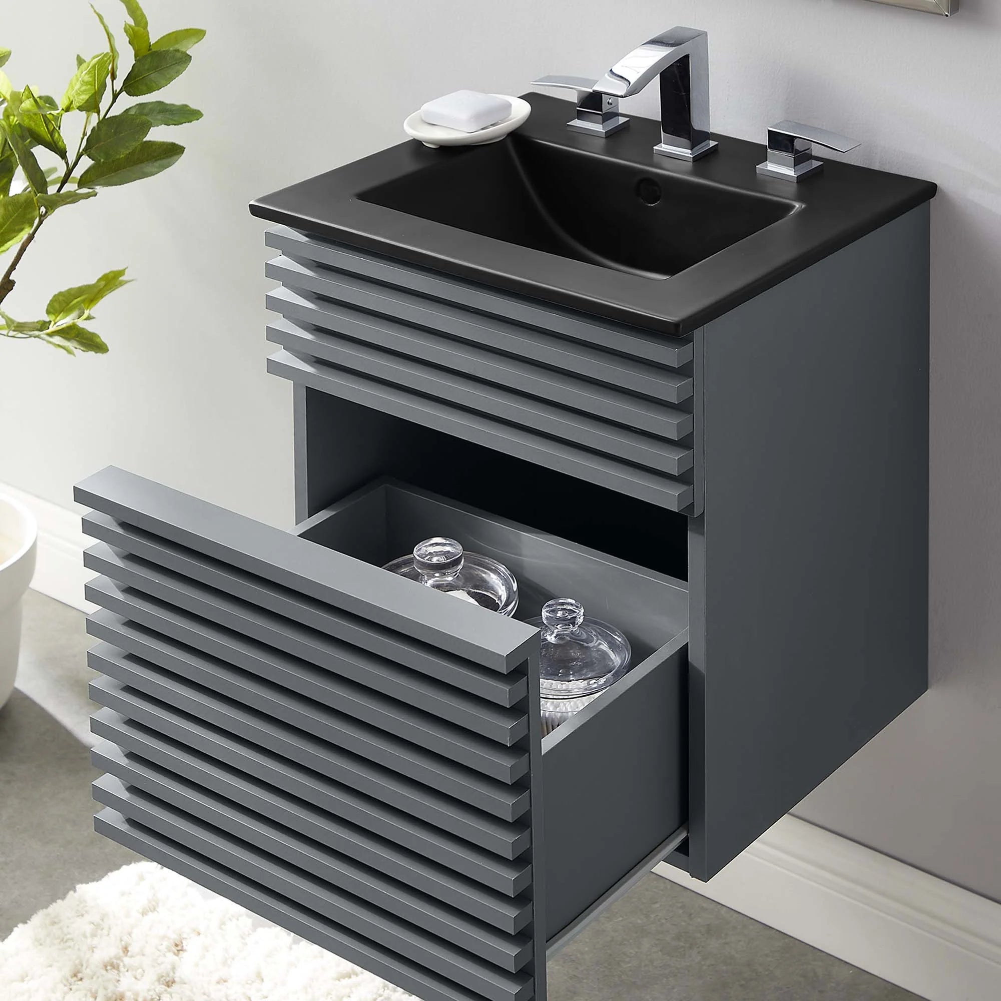 Meuble-lavabo mural de salle de bain avec vasque noire incluse