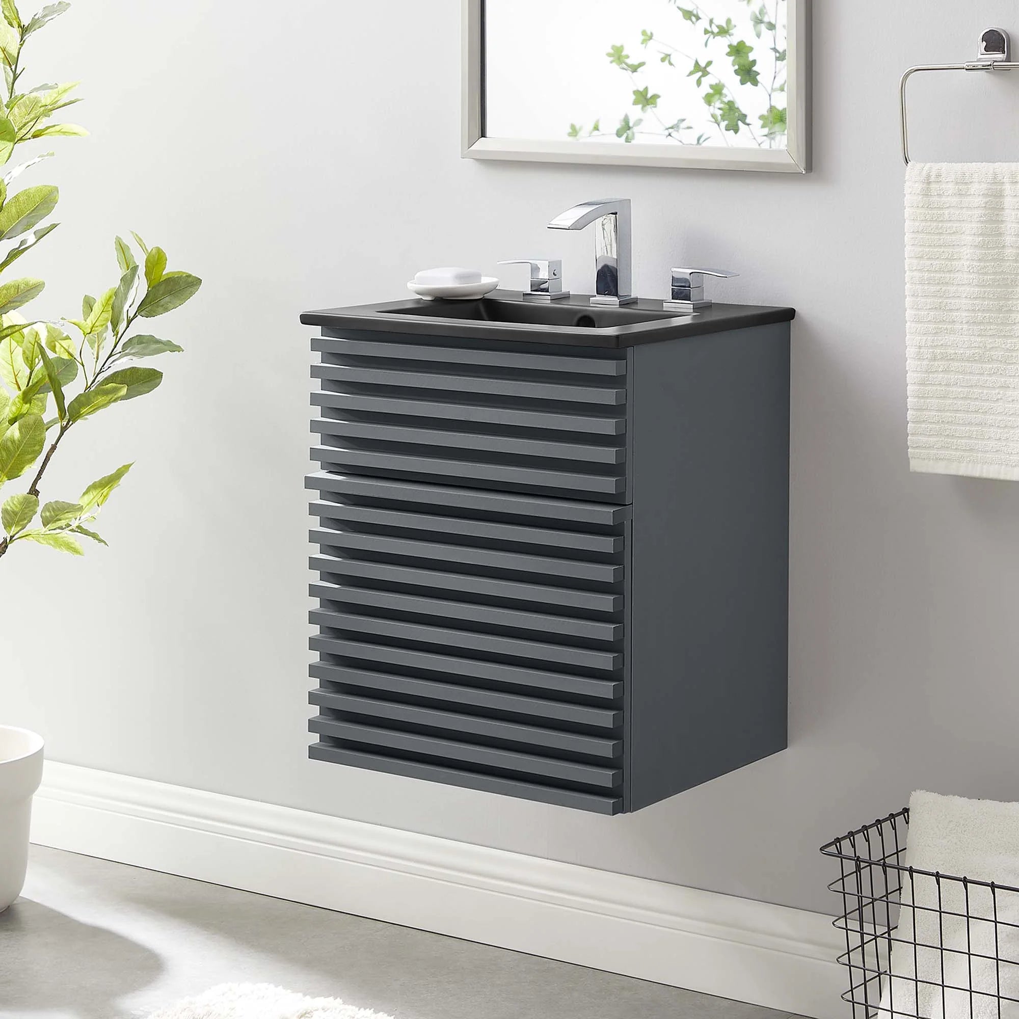 Meuble-lavabo mural de salle de bain avec vasque noire incluse