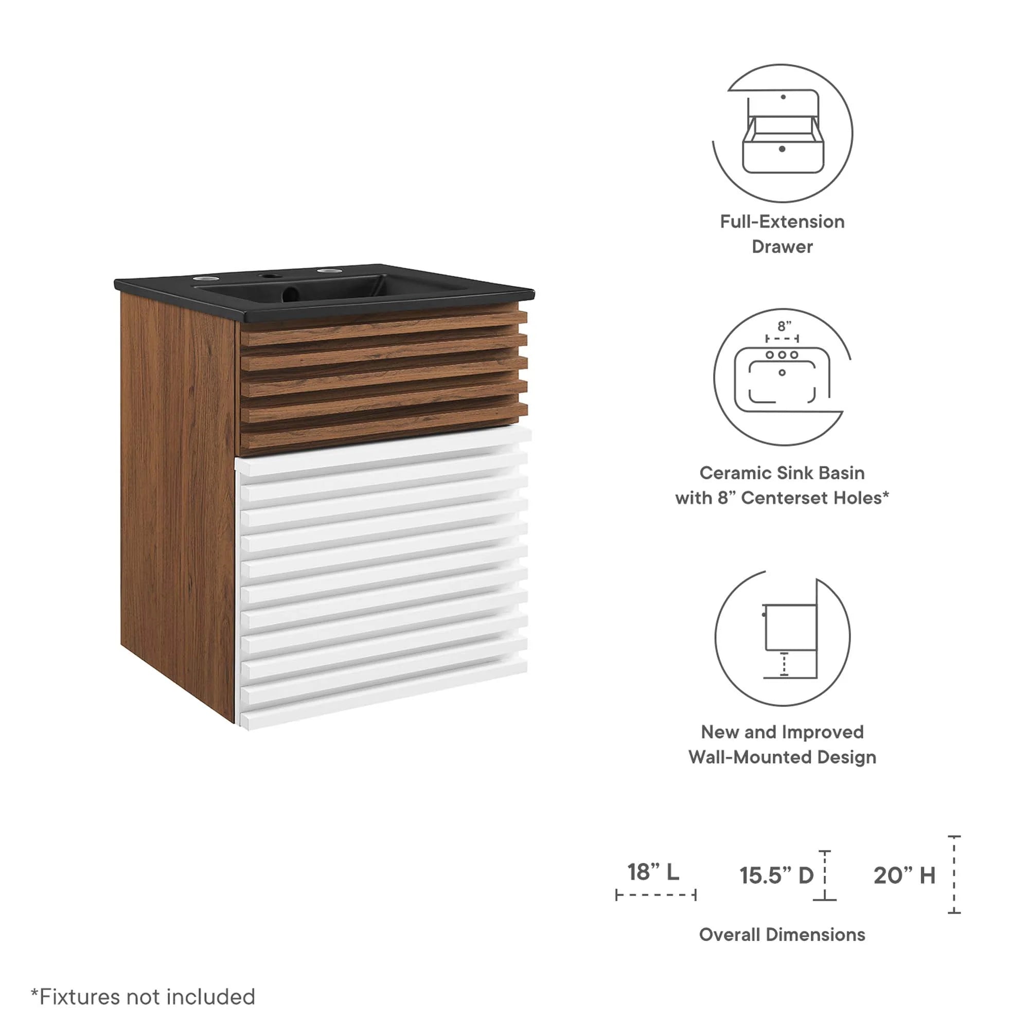 Meuble-lavabo mural de salle de bain avec vasque noire incluse