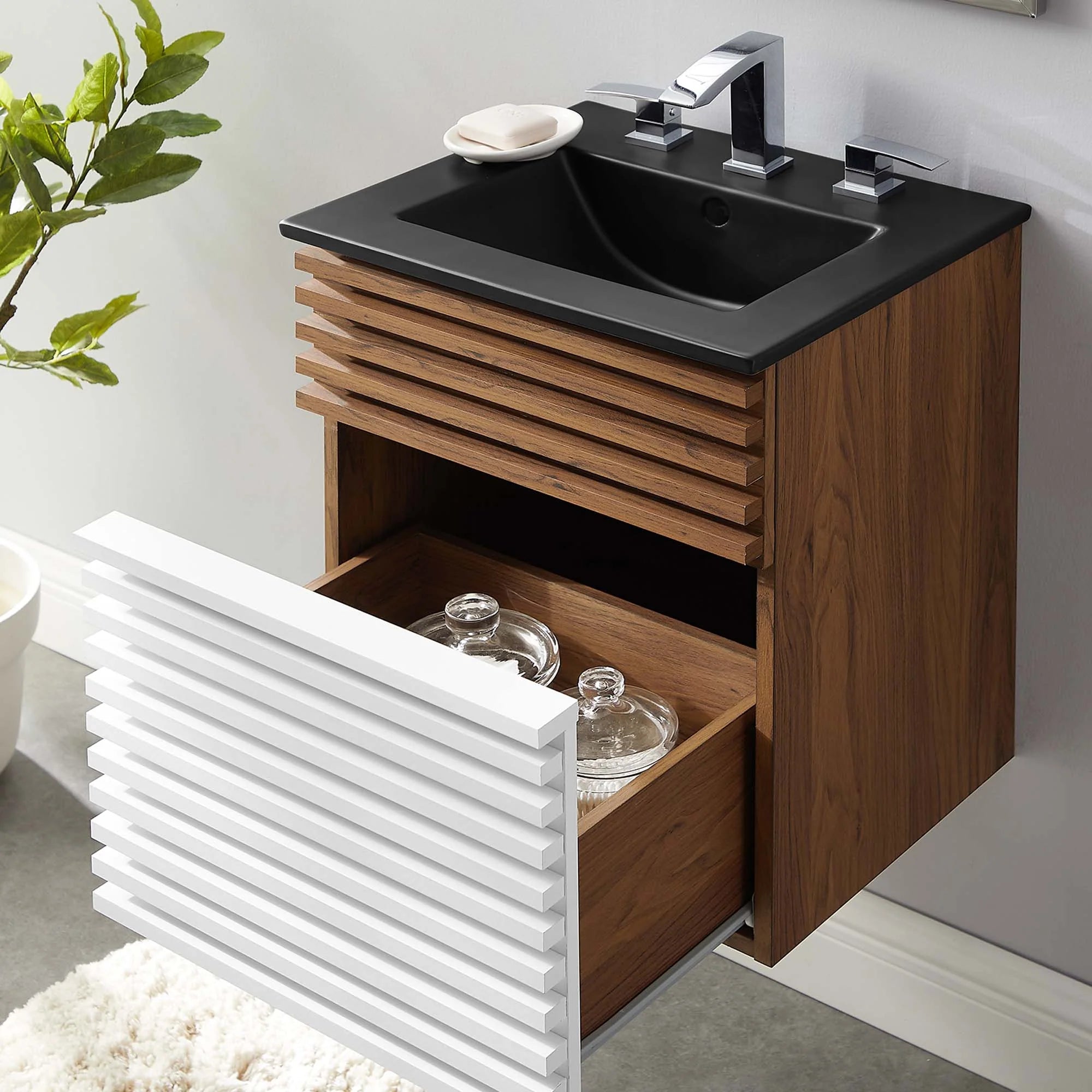 Meuble-lavabo mural de salle de bain avec vasque noire incluse