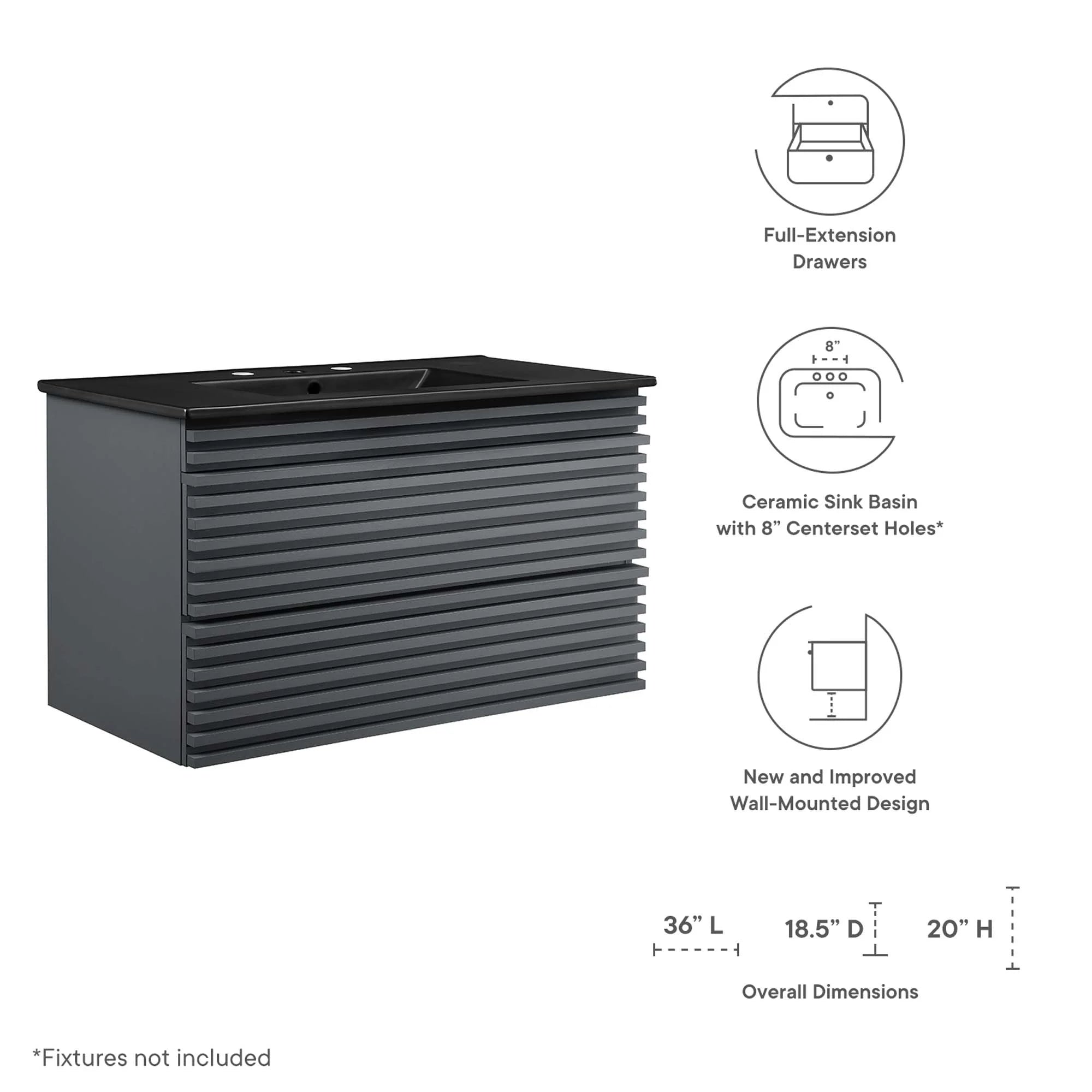 Meuble-lavabo mural de salle de bain avec vasque noire incluse