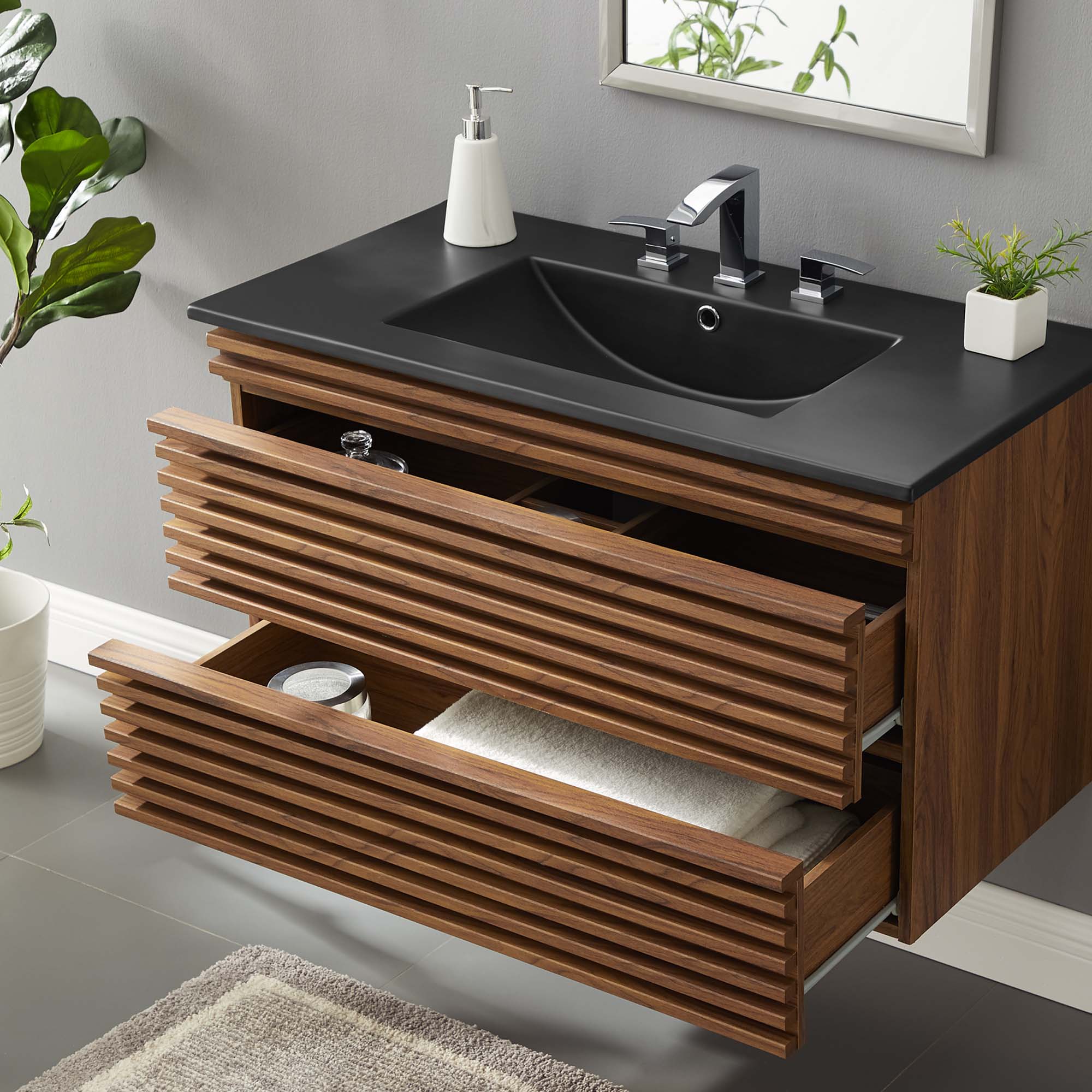 Render Wall-Mount Bathroom Vanity with Black Basin Included