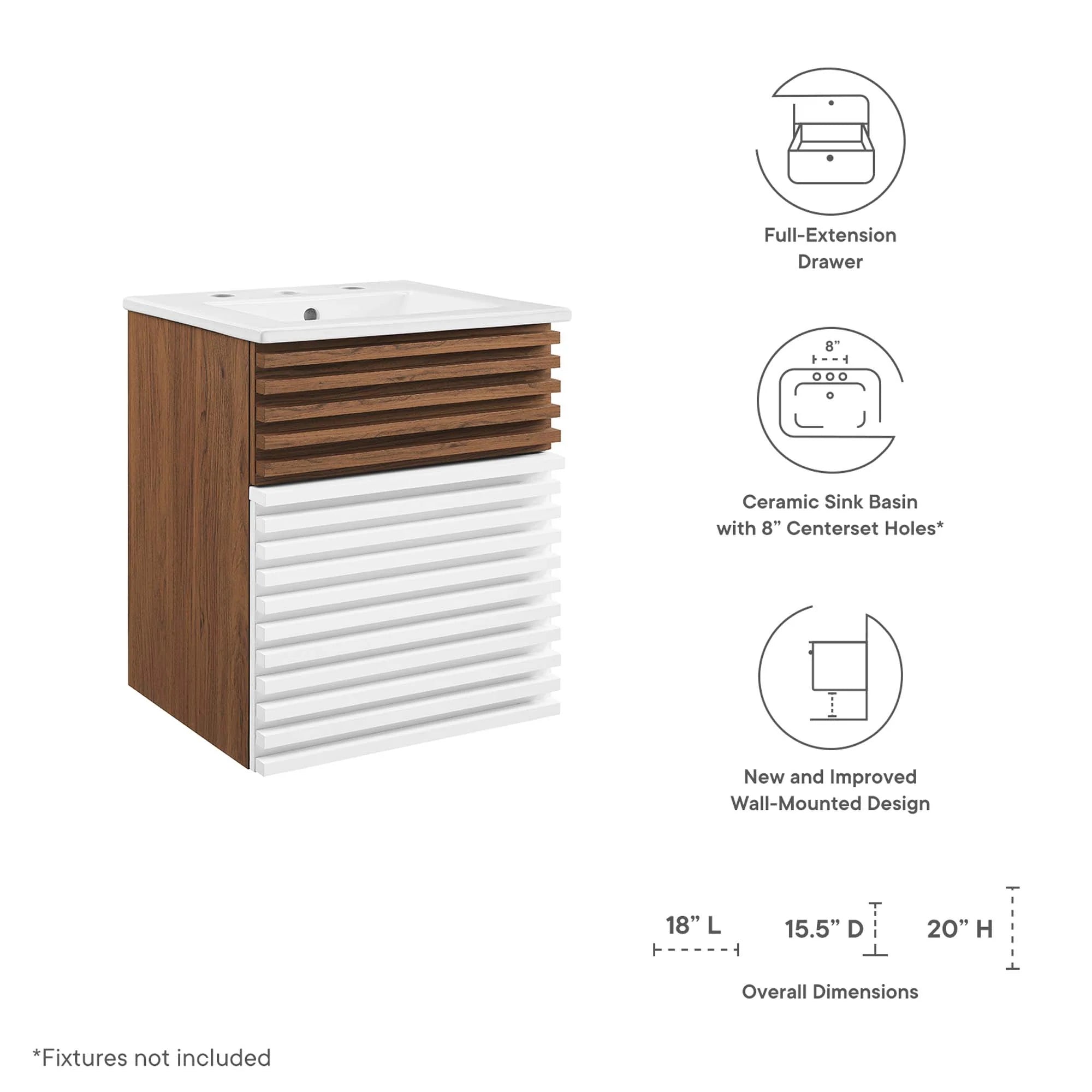 Meuble-lavabo mural de salle de bain avec vasque blanche incluse