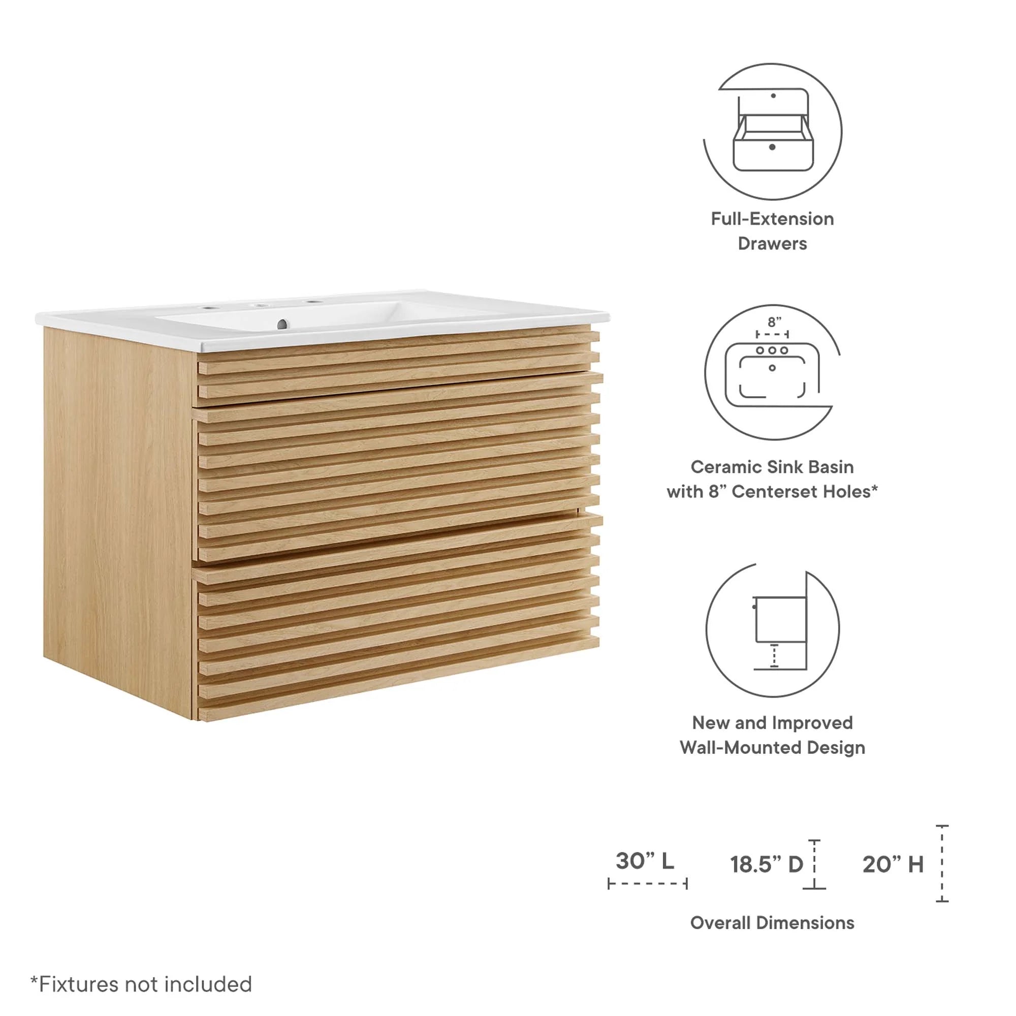 Meuble-lavabo mural de salle de bain avec vasque blanche incluse